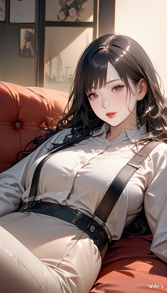 A mature woman lying on the sofa, Has black wavy hair, Wearing suspenders, Full figure,  delicate facial features, Lifelike image quality, An Asian woman, Age: about 40,  surrealism 