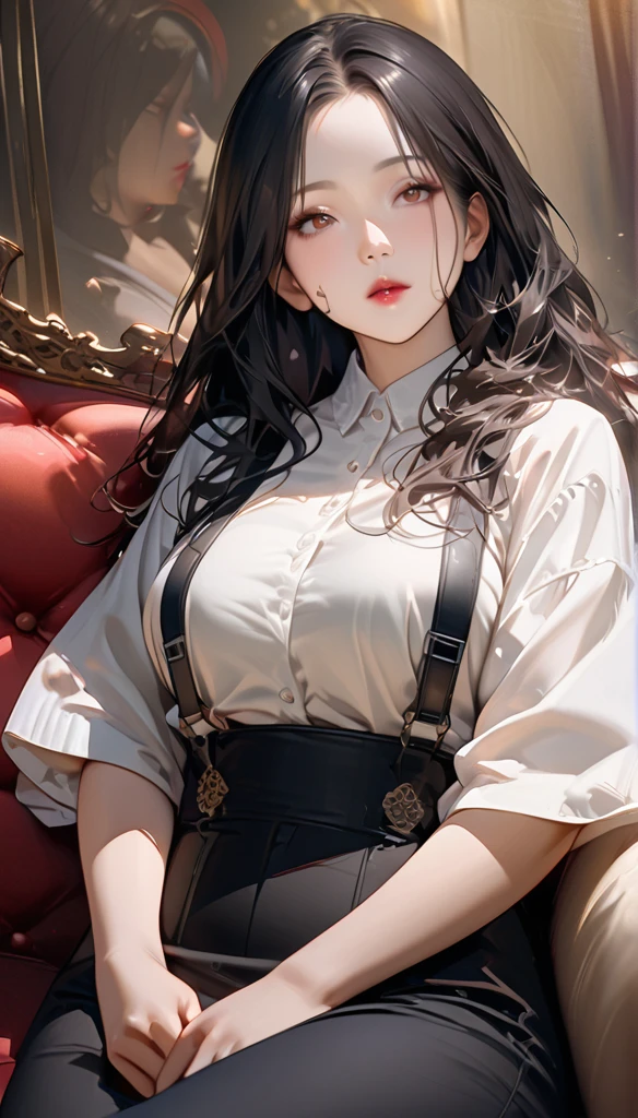 A mature woman lying on the sofa, With wavy black hair, Wear suspenders, busty figure, exquisite facial features, Realistic picture quality, an asian woman, Age is about 40 years old, Surreal