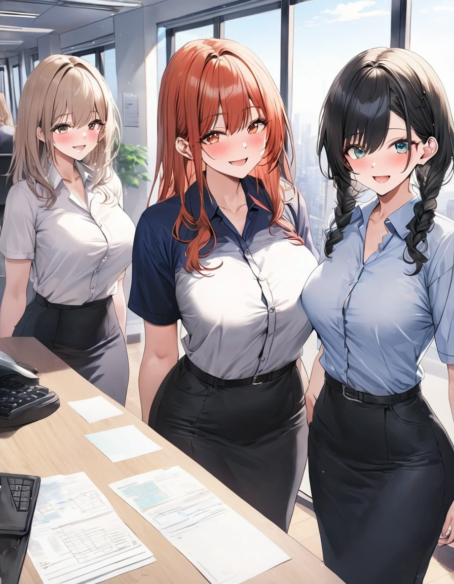 masterpiece, absurdres, best quality, (extremely detailed eyes and face), natural skin texture, detailed skin, sharp focus, intricate details, natural lighting, in the office,(upper body shot:1.0), BREAK (three young women:1.3,harem, group picture:1.2), 24-year-old, black eyes, black long hair, various hairstyles, tired:1.3,,sweat:1.3,wet hair,wet face:1.3 (working in the office), BREAK (large breasts:1.3), (slim waist:1.2), (wide hips:1.3), (black tights:1.2), business suit, (white shirt,their bra is showing through shirt,open shirt), (pencil skirt), BREAK (perfect fingers, perfect hands)