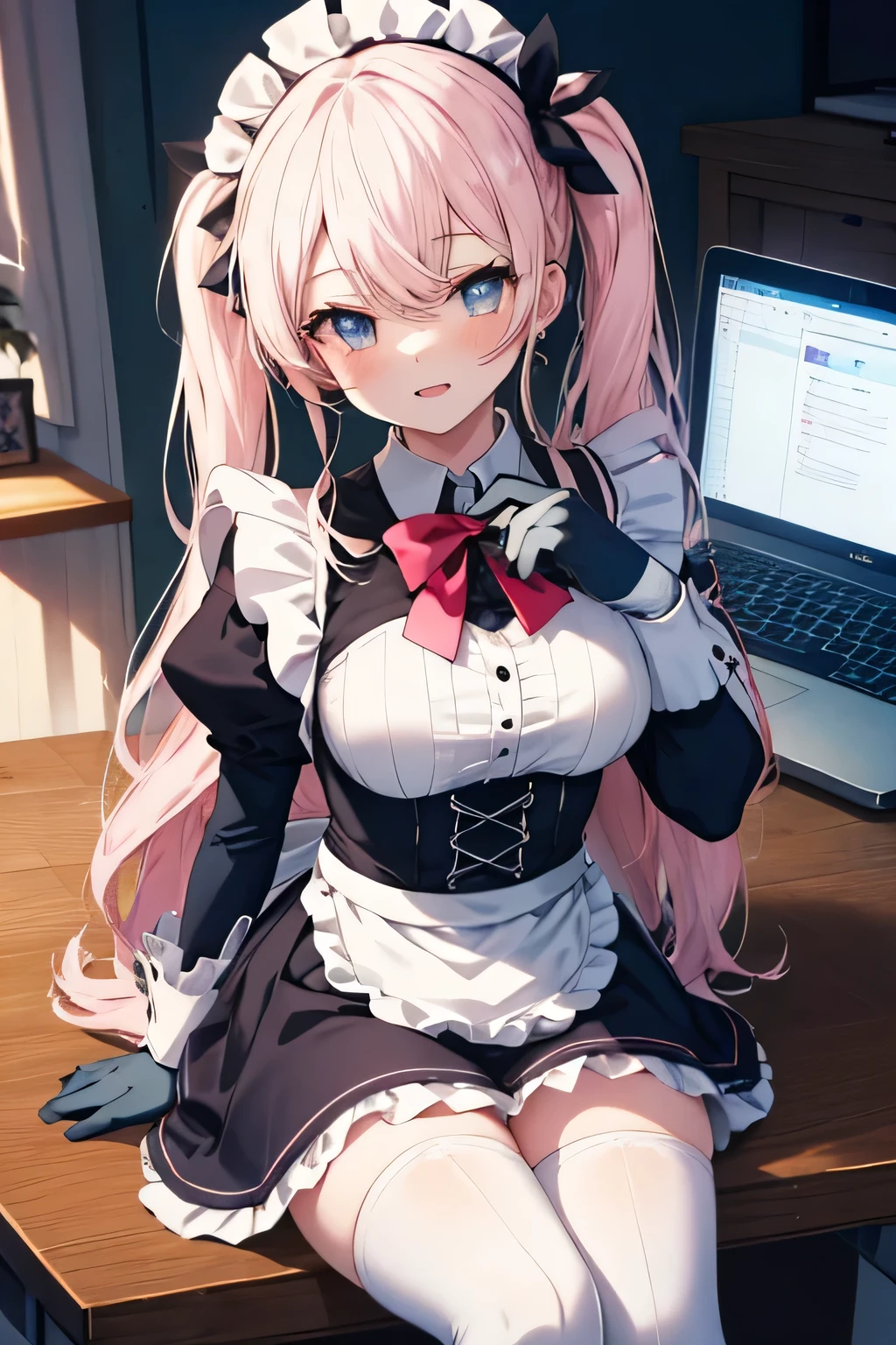  anime girl Cosplay Kawaii Maid ****ta Costume color dark blue without a headdress sitting at a desk with a laptop, anime moe art style, kantai collection style,  anime visual of a pretty girl, beautiful anime girl, anime best girl, hot anime girl, soft anime cg art, with the index finger, seductive anime girl,  pretty girl laugh(Laby ), Girls Frontline CG, From the front line girls, An anime girl, Pigtails Colo Pink _Gloves, white beret, a pair of stockings(Maid ****ta ), breeches