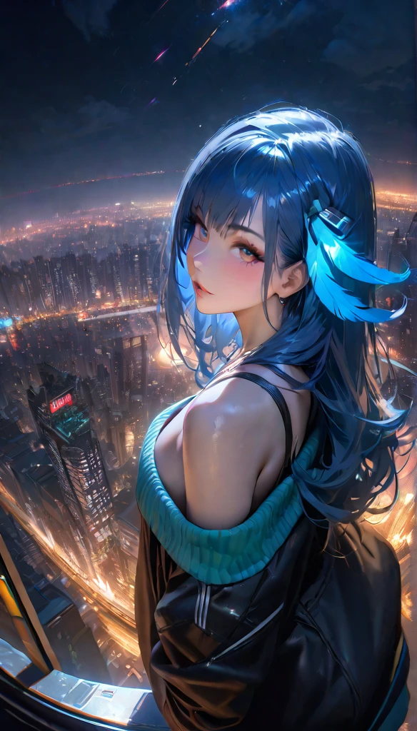 (masterpiece),  Best quality, ultra high res,, Cyberpunk 1 girl flying above amazing cityscape ,hoodie,Blue Hair,  Neon Colors流星,  Very Long Hair , Off-shoulder, Feather hair accessories, Neon Colors, Flash, Stunning Night Sky, film lighting, Realism, Realistic skin, HDR,Fisheye