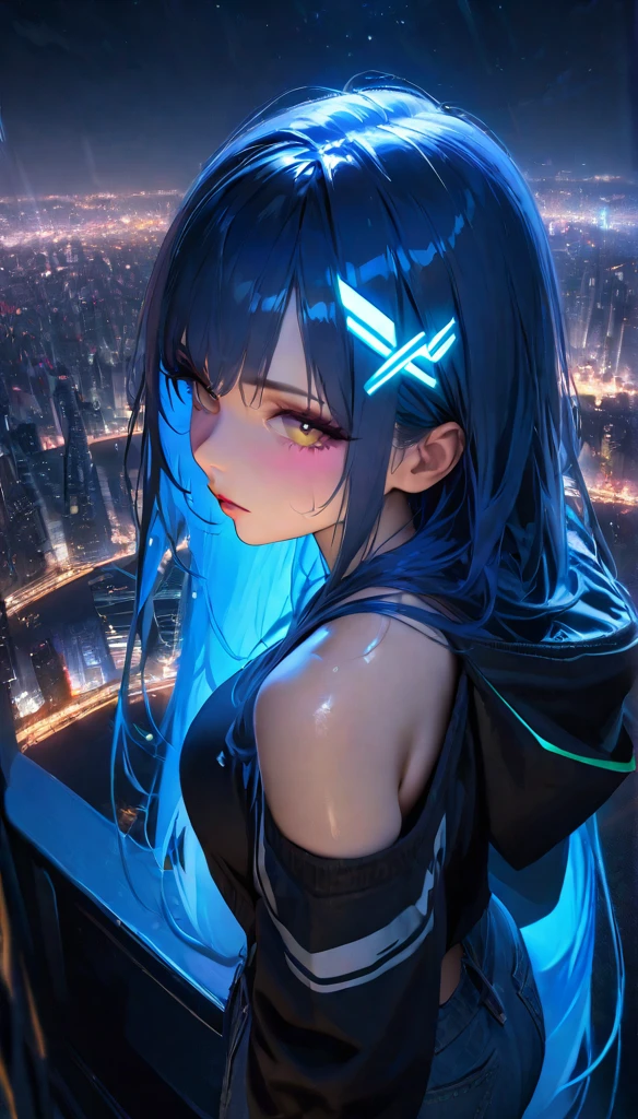 (masterpiece),  Best quality, ultra high res,, Cyberpunk 1 girl flying above amazing cityscape ,hoodie,Blue Hair,  Neon Colors流星,  Very Long Hair , Off-shoulder, Feather hair accessories, Neon Colors, Flash, Stunning Night Sky, film lighting, Realism, Realistic skin, HDR,Fisheye