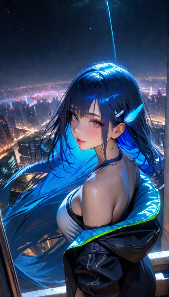 (masterpiece),  Best quality, ultra high res,, Cyberpunk 1 girl flying above amazing cityscape ,hoodie,Blue Hair,  Neon Colors流星,  Very Long Hair , Off-shoulder, Feather hair accessories, Neon Colors, Flash, Stunning Night Sky, film lighting, Realism, Realistic skin, HDR,Fisheye