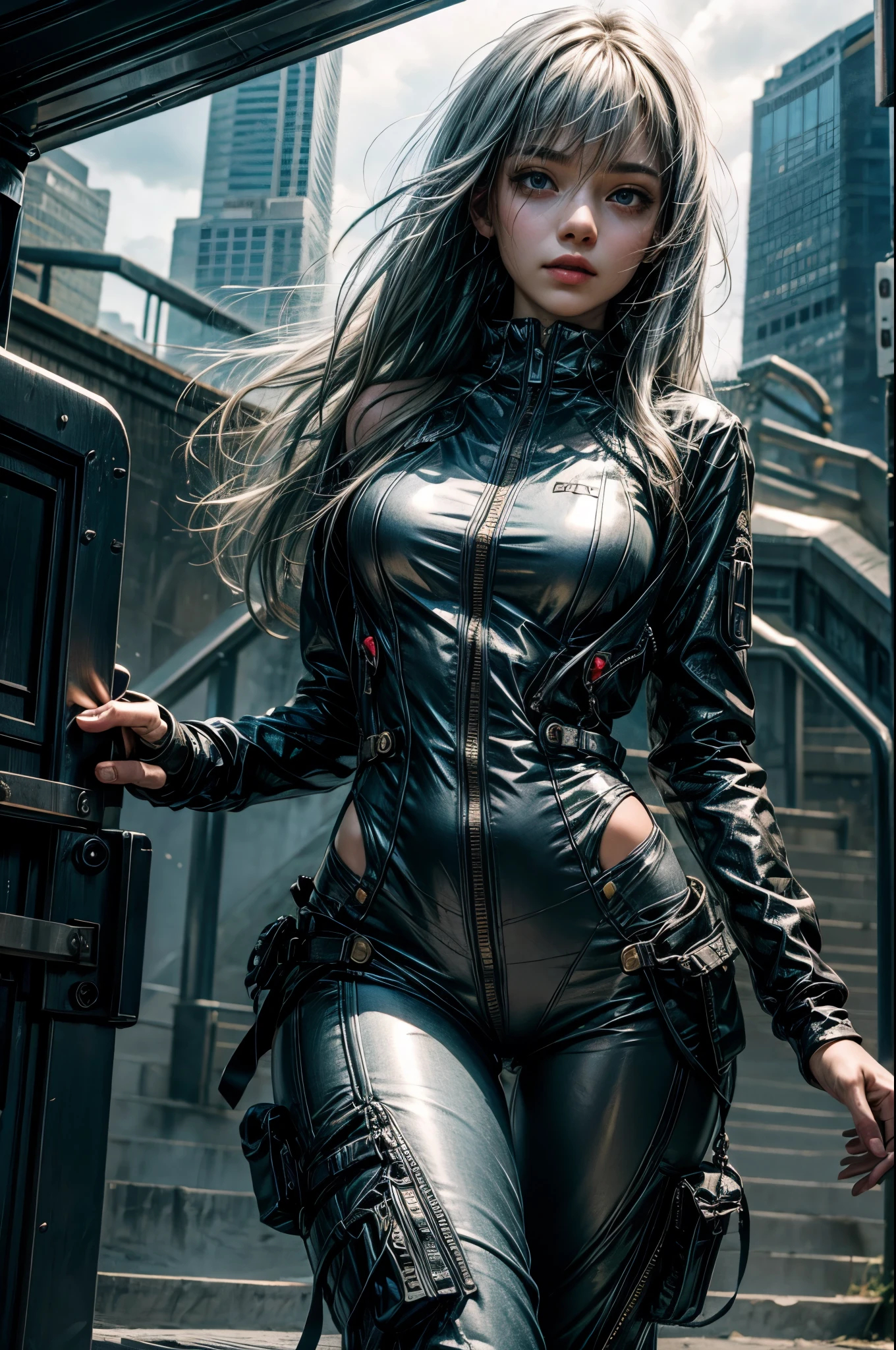 (Sci-fi fantasy), (masterpiece), (Professional Oil Painting) (最high quality), (8K resolution), (1 beautiful girl), ((Pale grey skin)), (Iron grey skin), ((Black and white super high leg leotard))､((Red lipstick)), ((Black sneakers)), (Concept Art), Small box, (Long Hair), (Messy Hair), (Black Hair), (Iron-gray hair), ((With futuristic weapons)), (ammunition), ((Moonlight at night)), (Sit down and think)), masterpiece, 最high quality, high quality, High resolution,