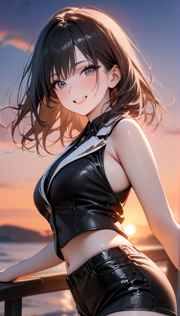 1 Girl, Photo model , Smile,  focuses on the audience, The lighting is beautiful,  Best quality, masterpiece,  ultra high resolution, Realism,  black hair , Short vest, shorts, stocking, Medium breasts, White skin,(  Sunset background:1.4)