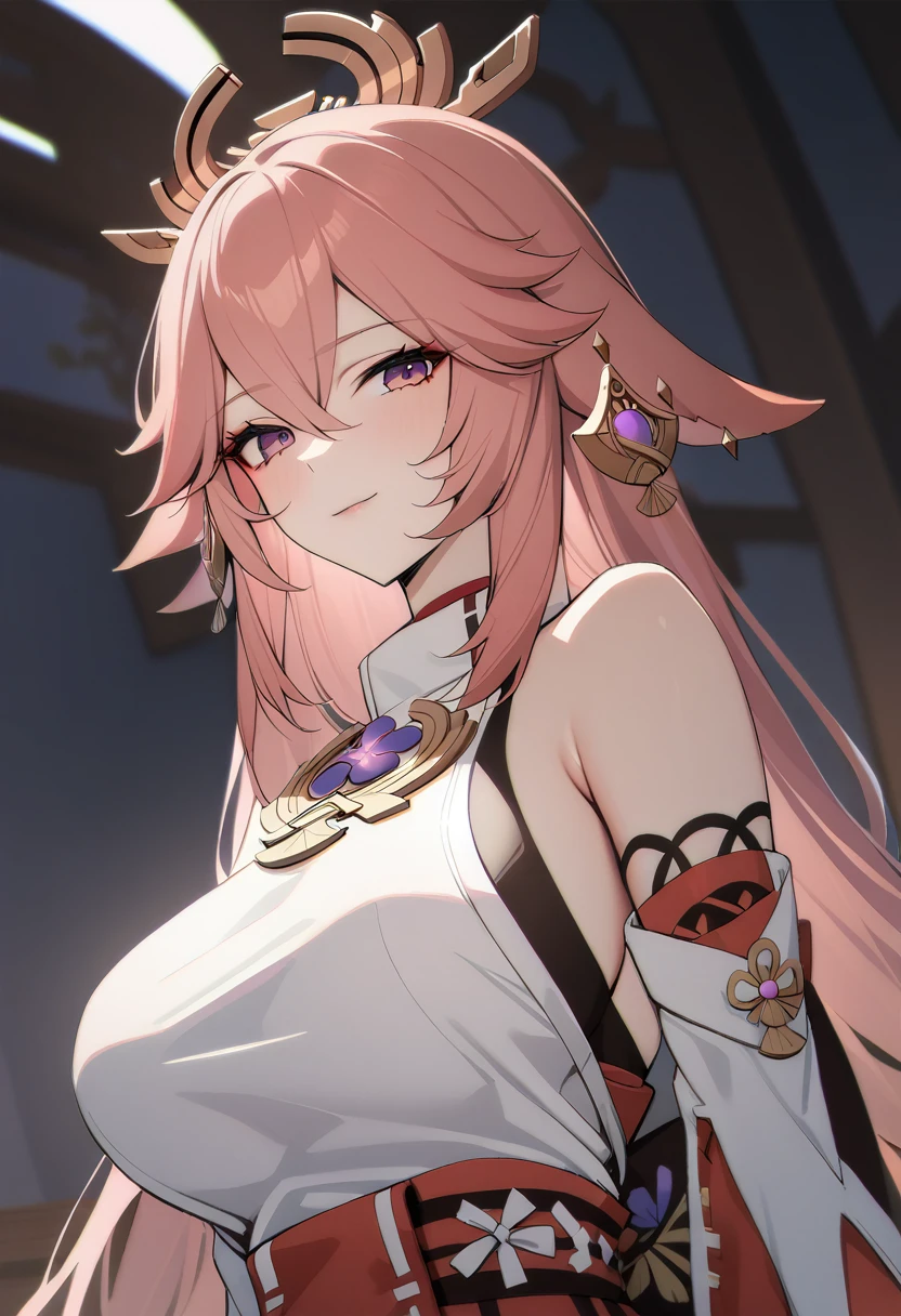 1 girl, sim miko, impacto genshin,  upper body , pink hair,  very long hair , fox ears, white shirt, breasts, light smile, cinematic angle, masterpiece, best quality