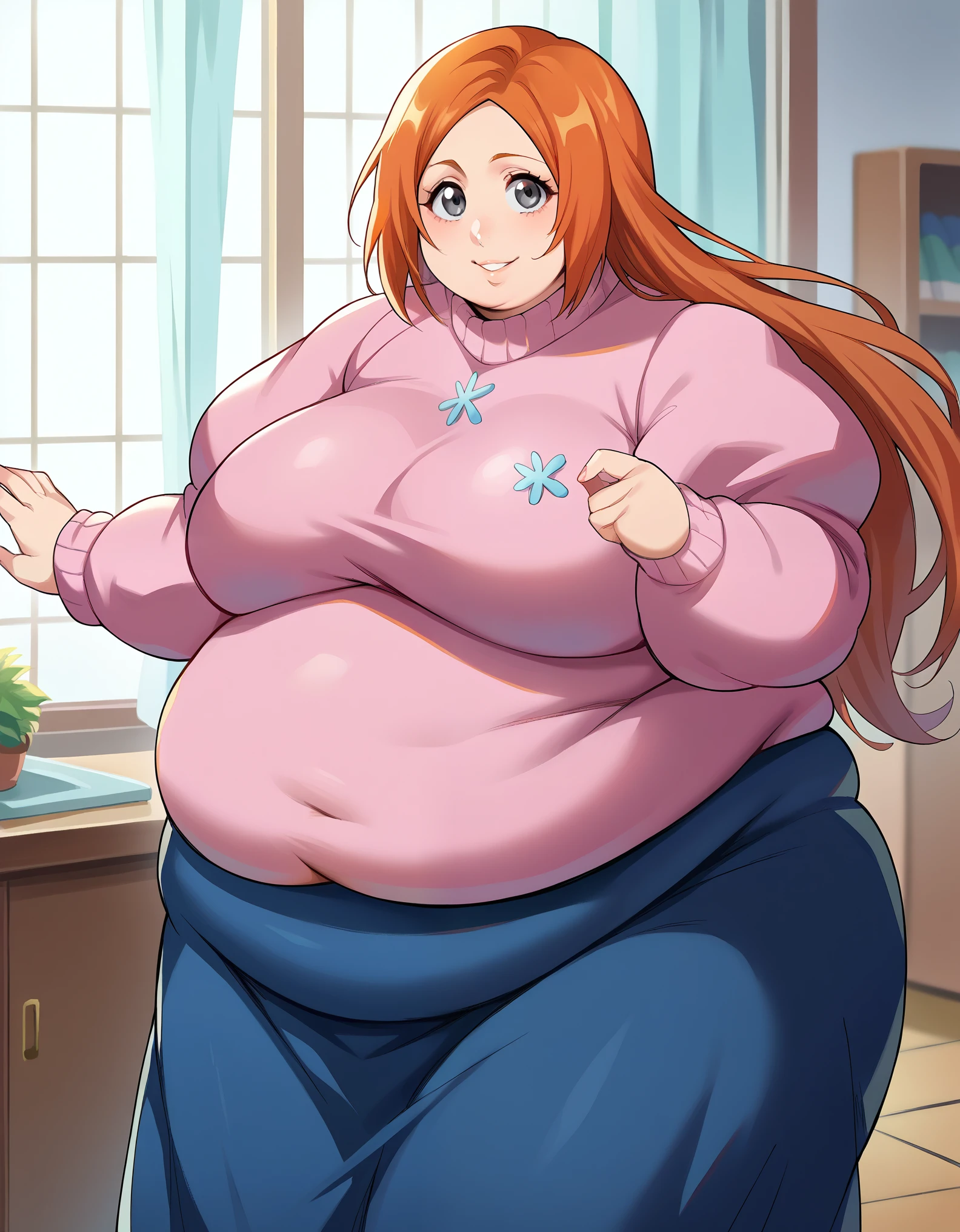 score_9, score_8_up, score_7_up, source_anime, inoueorihime, inoue orihime, long hair, orange hair, grey eyes, smile, sweater, pink sweater, long sleeves, puffy sleeves, skirt, blue skirt, long skirt, indoors, looking at viewer, cowboy shot, dutch angle, dynamic pose, fat, chubby, obese 