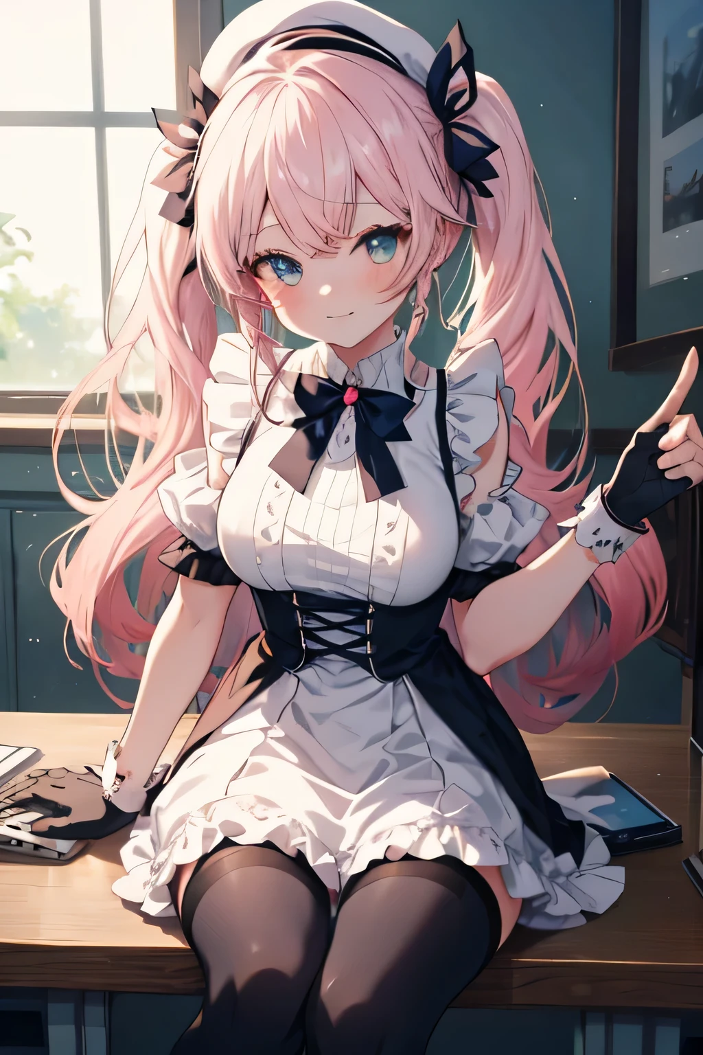  anime girl Cosplay Kawaii Maid Costume Dark Blue Lolita without a headdress sitting at a desk with a laptop, anime moe art style, kantai collection style,  anime visual of a pretty girl, beautiful anime girl, anime best girl, hot anime girl, soft anime cg art, with the index finger,  seductive anime girl ,  pretty girl laugh(Laby ), Girls Frontline CG, From the front line girls, An anime girl, Pigtails Colo Pink _Gloves, white beret, 1 pair of stockings  (2 pieces) pieces), breeches