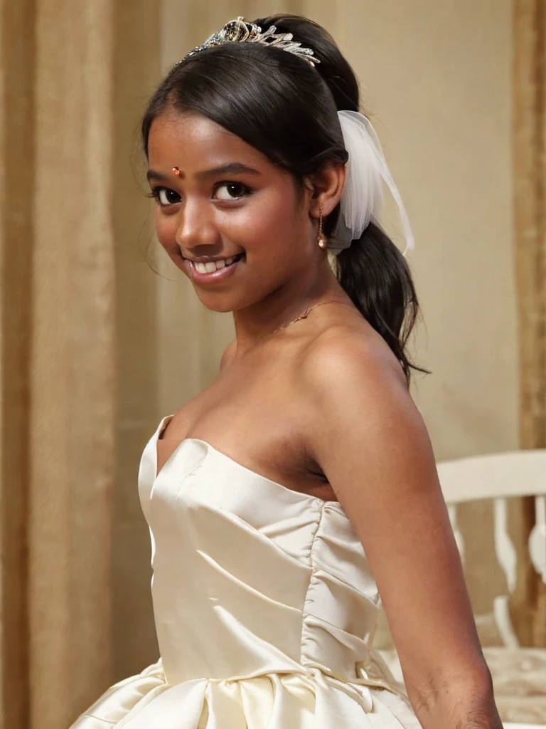 A Indian girl, black ponytail, (black skin:1.4), BREAK, baby face, standing, (satin princess dress, white wedding dress:1.4), BREAK, (wedd00ing:1.2), (tiny tits, tt_flat), ((shooting from side)), armpit, smiling,+ bedroom, 