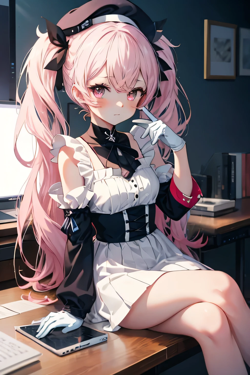  girl from anime maid color black sitting at a desk with a laptop, anime moe art style, kantai collection style,  anime visual of a pretty girl, beautiful anime girl, anime best girl, hot anime girl, soft anime cg art, with the index finger, seductive anime girl, Girls Frontline CG, From the front line girls, An anime girl, Pigtails Colo Pink _Gloves, white beret