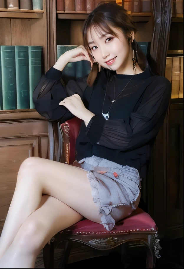 1 girl in(8K、Raw photography、top-quality、​masterpiece:1.2)、(realisitic、realisitic:1.37)、ultra-detailliert、Full body shot、realistic eyes and face details、natural skin textures、Dark eyebrows、(((thighs thighs thighs thighs、cross one's legs)))、Fair skin、A detailed face、真实感、Realistic background、Realistic lighting、Sweaty skin