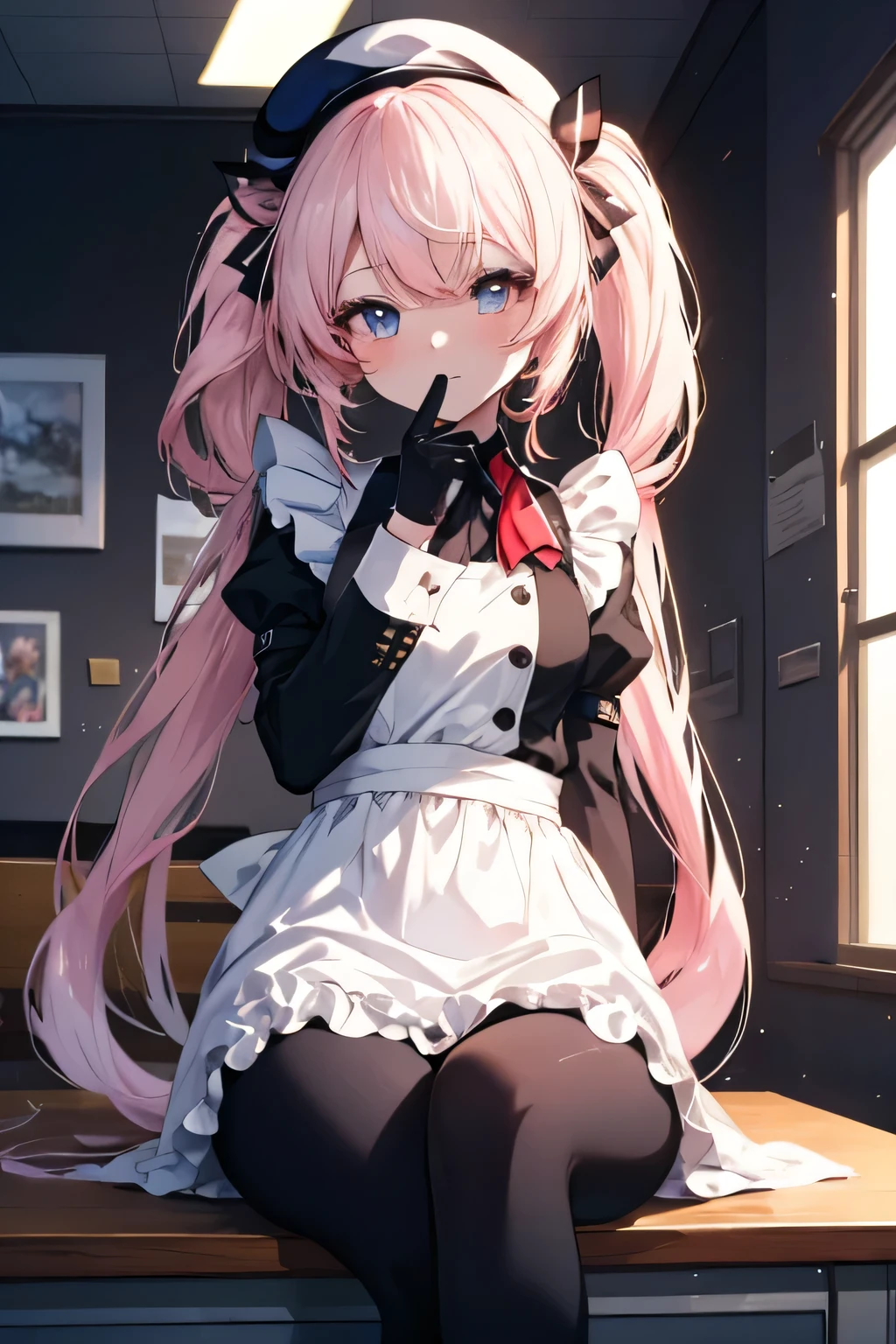  girl from anime maid color black sitting at a desk with a laptop, anime moe art style, kantai collection style,  anime visual of a pretty girl, beautiful anime girl, anime best girl, hot anime girl, soft anime cg art, with the index finger, seductive anime girl, Girls Frontline CG, From the front line girls, An anime girl, Pigtails Colo Pink _Gloves, white beret