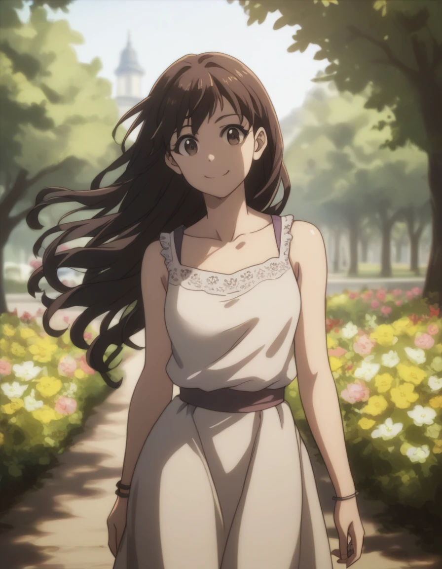 score_9, score_8_up, score_7_up, gsfghtr, casual dress, 1girl, smile, flower park, loose hair