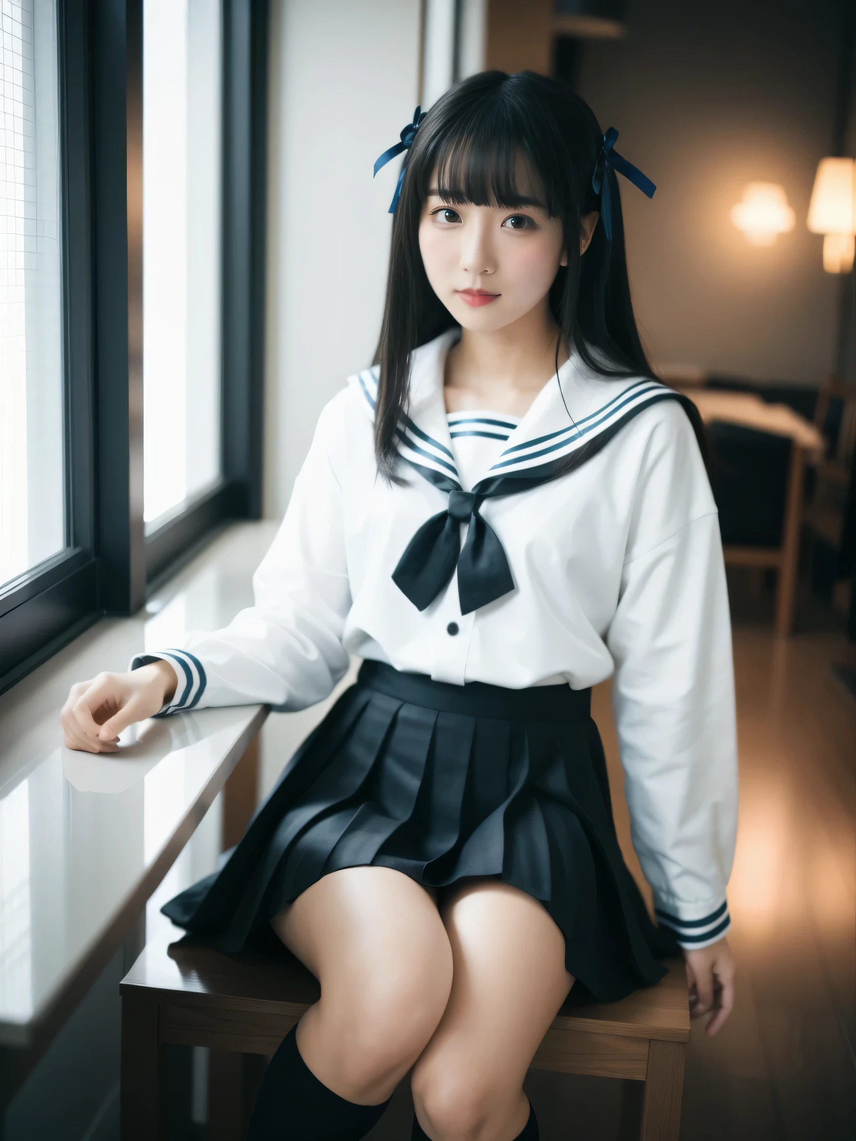 best quality, masterpiece, realistic, photorealistic, 1girl, solo, looking at viewer, smile, standing, full body, arms at side, cosplay, BLACK hair, twintails, hair ornament, very short hair, headphones, alternate costume, , sailor collar, shirt, long sleeves, necktie, skirt, pleated skirt, white thighhighs, loafers, simple background, Japanese women、24-years-old、The background is a pure white room、Singing on a microphone、No bangs、The chest is very small、Short pigtails