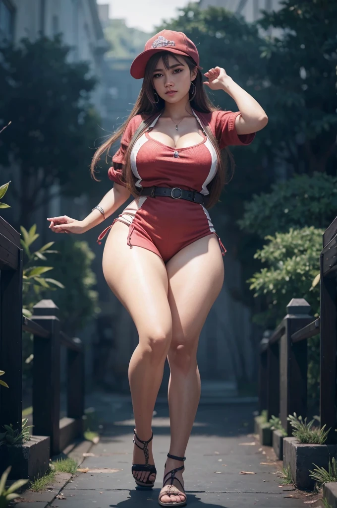 realistic, 1 women, best quality, 12k, HD, wear Allstars shoes, 1080p, long hair, big round breasts, cleavage, ponytail, necklace, jewelry, shorts, short jacket, slim hips, hair tie, yellow eyes, black hair, super detailed, Eye details, hair details, person details, mouth details, face details, breast details, clothes details, hair details, pants details, hand details, whole body