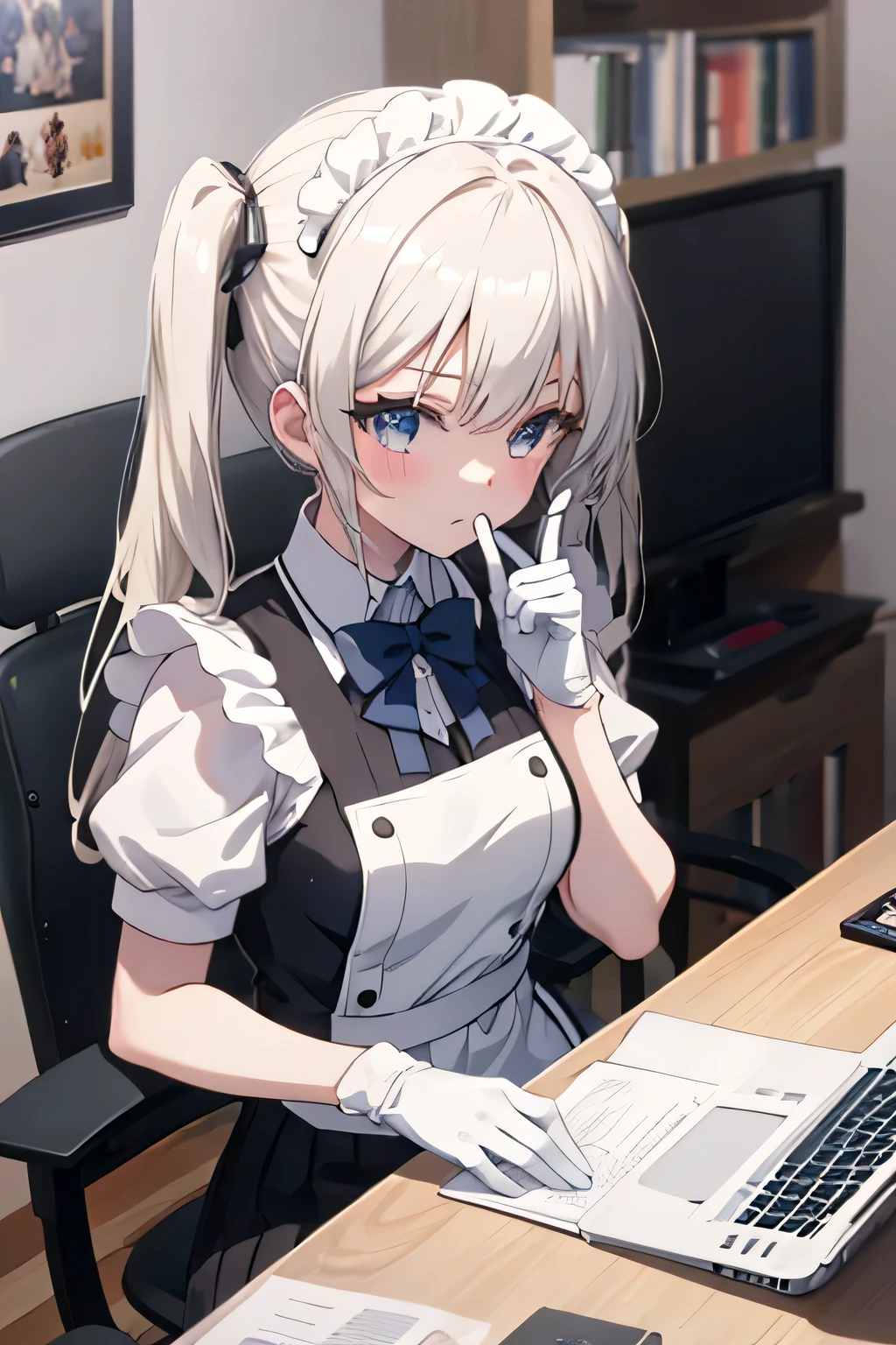 Anime girl in maid uniform sitting at a desk with a laptop, anime moe art style, kantai collection style,  anime visual of a pretty girl, beautiful anime girl, anime best girl, hot anime girl, soft anime cg art, with the index finger, seductive anime girl, Girls Frontline CG, From the front line girls, An anime girl, white pigtails_Gloves