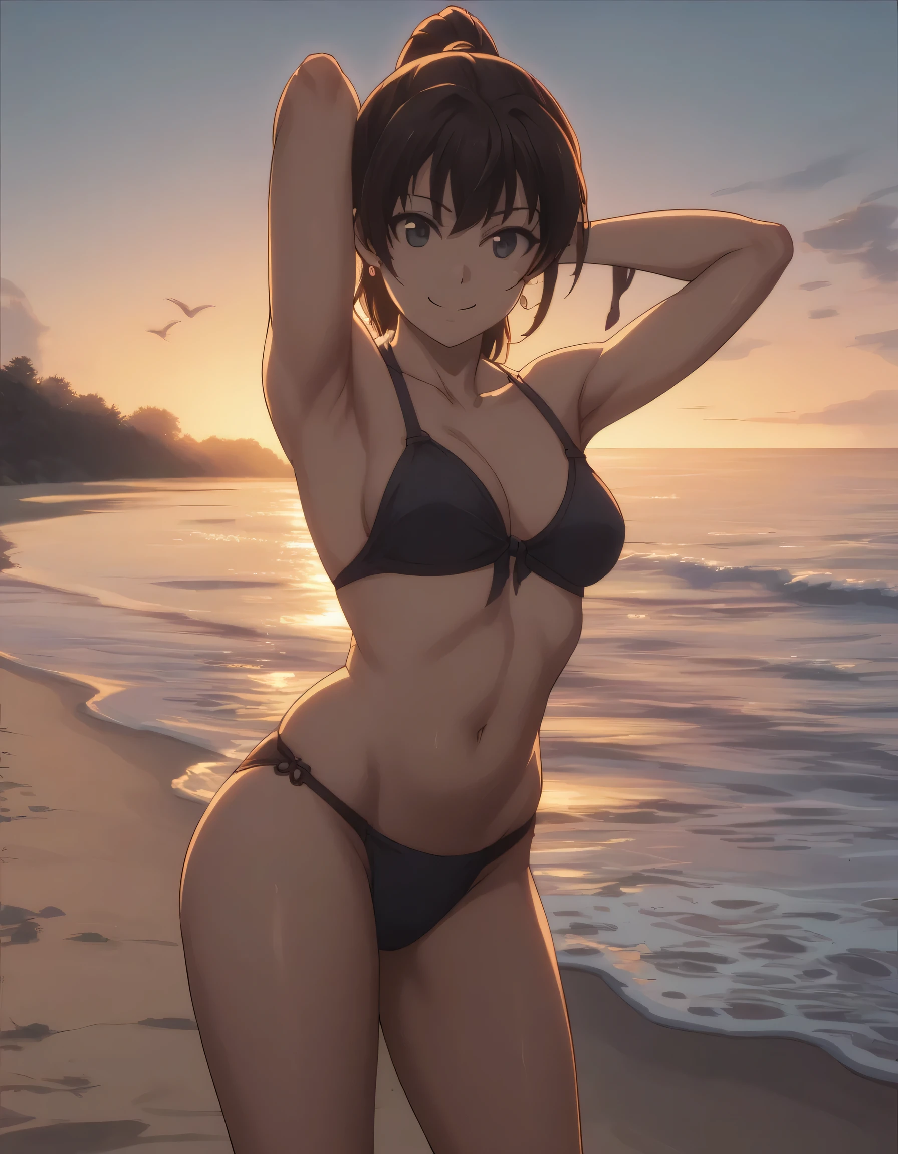 score_9, score_8_up, score_7_up, gsfghtr, 1girl, sweet smile, standing in beach, dim lighting, armpit, underwear