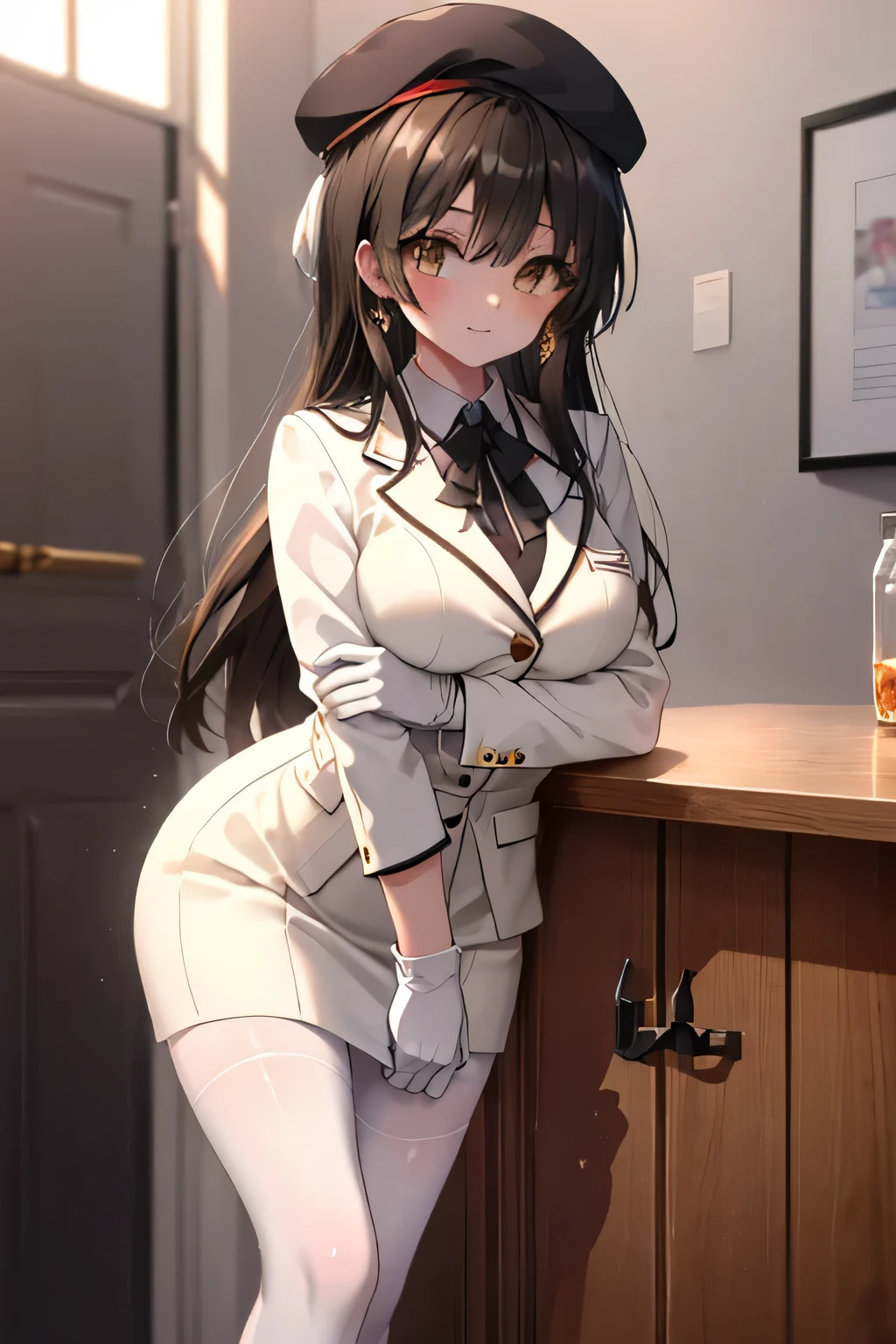 kotegawayui, Yui Kotegawa, black hair, (brown eyes:1.5), smile,blush,collect,long hair, OL, Gafas Black Abyss, Black Beret, white gloves, end, Black suit jacket, jacket with collar, White Dress Shirt, black pantyhose, black heels, Shirt with collar, neckline, button, correa, ID card on the neck, black pencil skirt, smile, blush, looking at the viewer, Charm,holds a sword and a sword at his waist, standing, interior,Pausa de toque ciego looking at the viewer, BREAK indoors, field, BREAK (masterpiece:1.2), highest quality, High resolution, 8K Wallpaper Unit, (cipher:0.8), (Detailed and beautiful eyes.:1.6), Very detailed face, perfect lighting, Very detailed CG, (perfect hands, perfect anatomy),