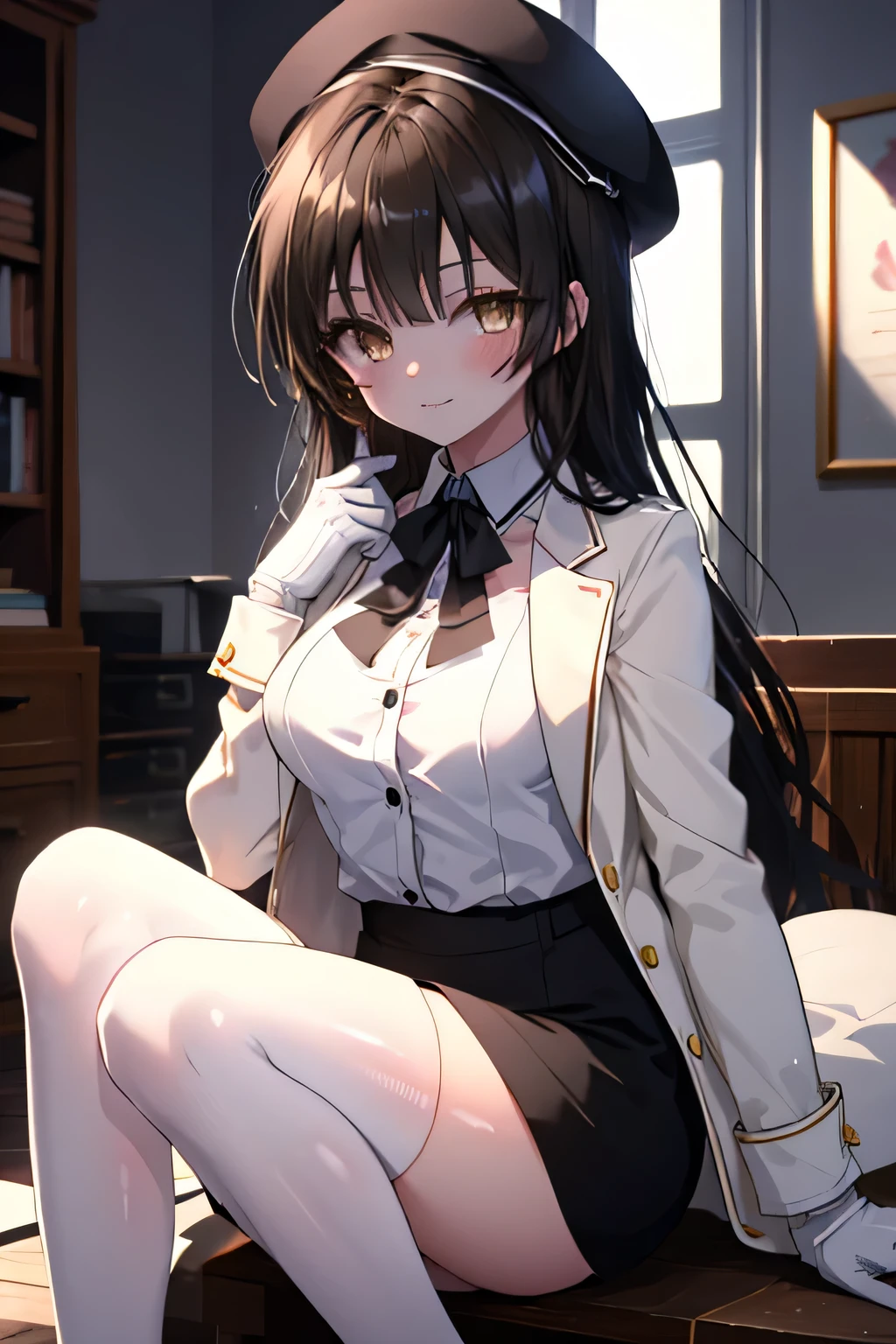 kotegawayui, Yui Kotegawa, black hair, (brown eyes:1.5), smile,blush,collect,long hair, OL, Gafas Black Abyss, Black Beret, white gloves, end, Black suit jacket, jacket with collar, White Dress Shirt, black pantyhose, black heels, Shirt with collar, neckline, button, correa, ID card on the neck, black pencil skirt, smile, blush, looking at the viewer, Charm,holds a sword and a sword, at, interior,Pausa de toque ciego looking at the viewer, BREAK indoors, field, BREAK (masterpiece:1.2), highest quality, High resolution, 8K Wallpaper Unit, (cipher:0.8), (Detailed and beautiful eyes.:1.6), Very detailed face, perfect lighting, Very detailed CG, (perfect hands, perfect anatomy),