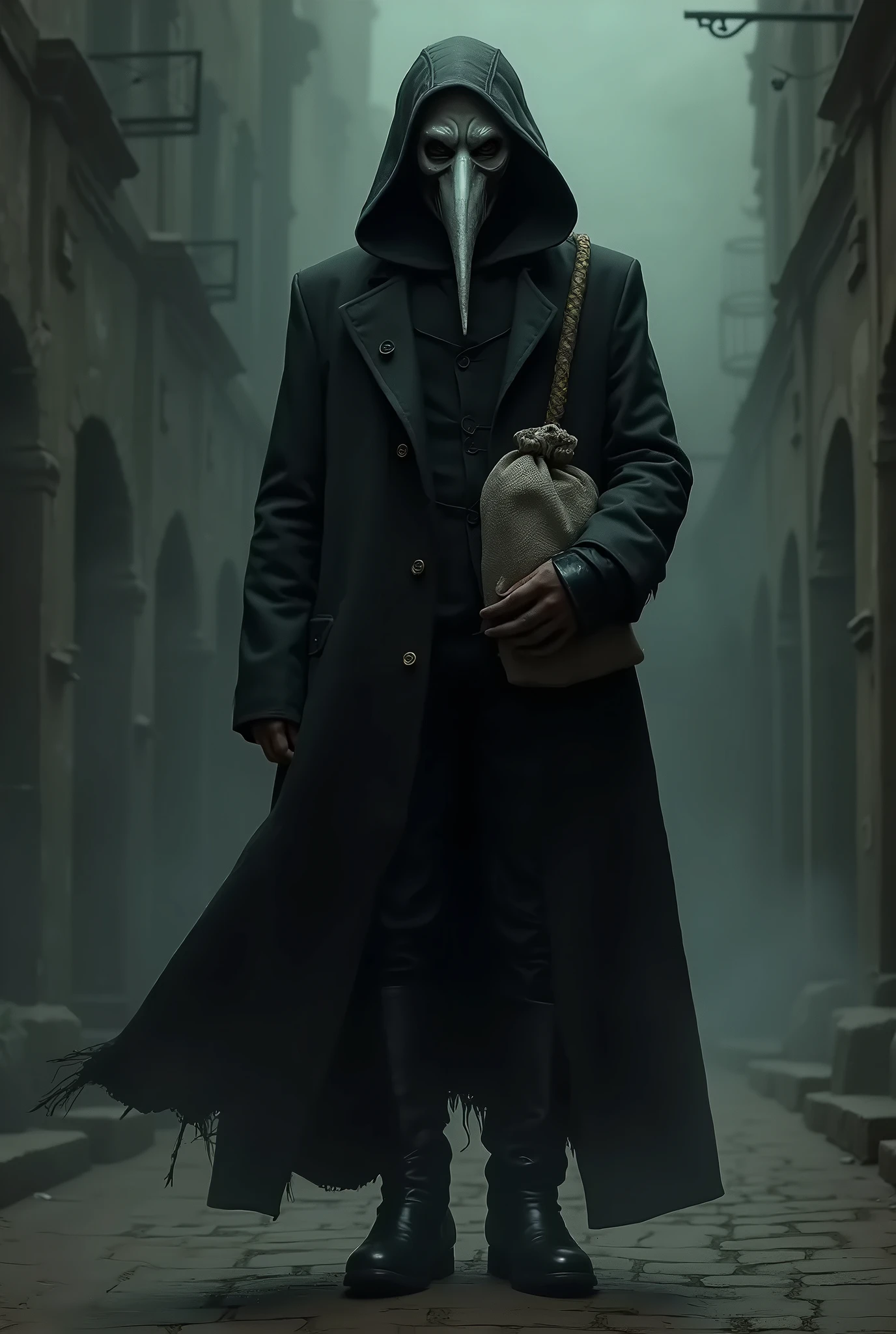 man dressed in black overcoat black pants with black boots wearing a black plague crow mask in a destroyed world with many dead bodies in a destroyed city the man with a leg holster and a pistol in his hand