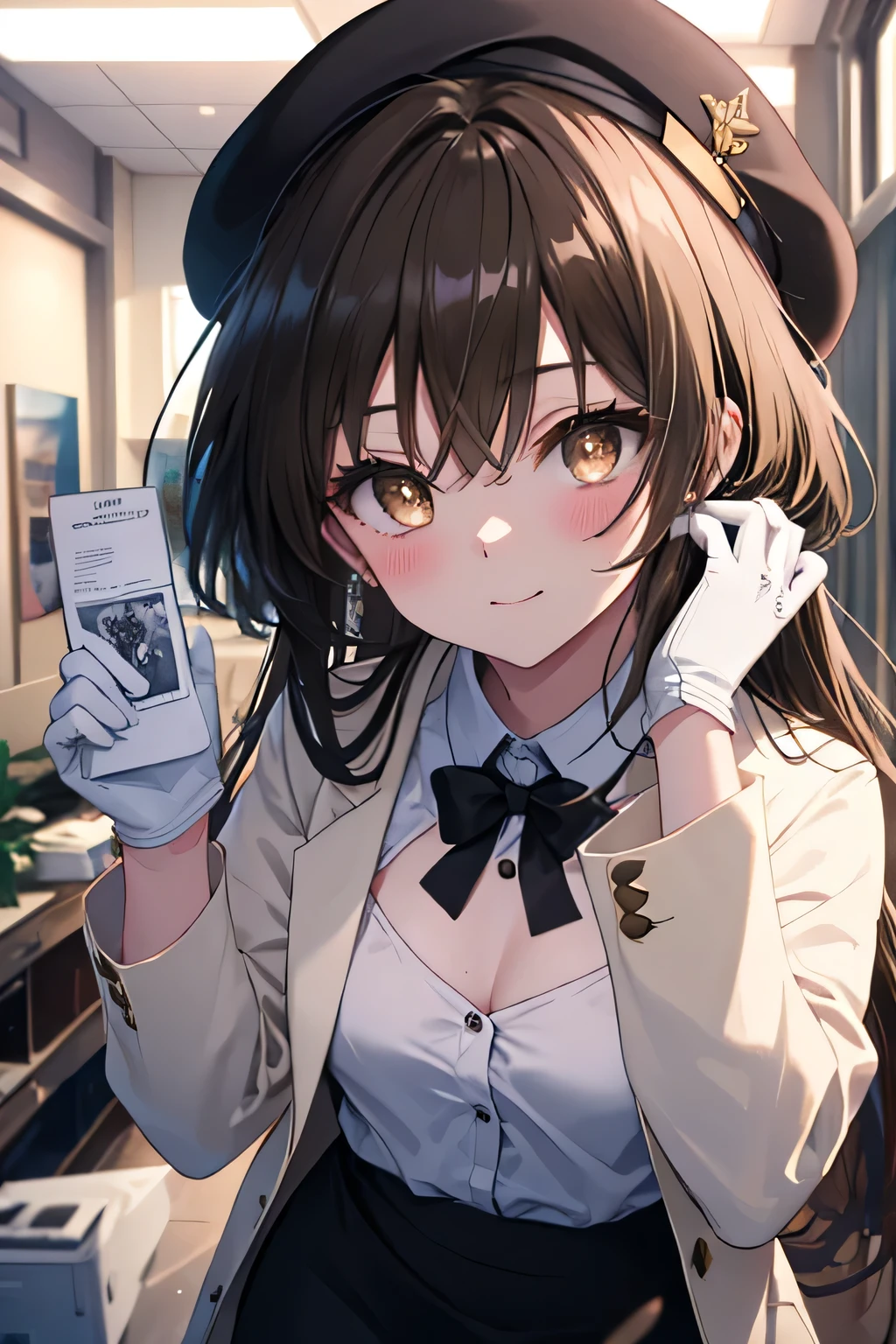 kotegawayui, Yui Kotegawa, black hair, (brown eyes:1.5), smile,blush,collect,long hair, OL, Gafas Black Abyss, Black Beret, white gloves, end, Black suit jacket, jacket with collar, White Dress Shirt, black pantyhose, Shirt with collar, neckline, button, correa, ID card on the neck, black pencil skirt, smile, blush, looking at the viewer, Charm, mechanic, bamboo sword, interior,Pausa de toque ciego looking at the viewer, BREAK indoors, office, BREAK (masterpiece:1.2), highest quality, High resolution, 8K Wallpaper Unit, (cipher:0.8), (Detailed and beautiful eyes.:1.6), Very detailed face, perfect lighting, Very detailed CG, (perfect hands, perfect anatomy),