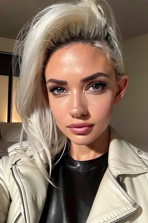 8k portrait of a girl, AlanahPearce, white hair, brown eyes, high ponytail, big natural breasts, 
, ((leather jacket))
, (masterpiece: 1.4), extremely detailed skin,, (looking at viewer), (upper body:0.8), (close-up:0.8), (photorealistic:1.2)
, beautiful detailed eyes, sharp focus, glowing eyes, detailed 4k eyes, dark bedroom background,  dark theme, night, advntr, bedroom
,