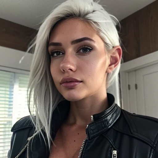 8k portrait of a girl, AlanahPearce, white hair, brown eyes, high ponytail, big natural breasts, 
, ((leather jacket))
, (masterpiece: 1.4), extremely detailed skin,, (looking at viewer), (upper body:0.8), (close-up:0.8), (photorealistic:1.2)
, beautiful detailed eyes, sharp focus, glowing eyes, detailed 4k eyes, dark bedroom background,  dark theme, night, advntr, bedroom
,