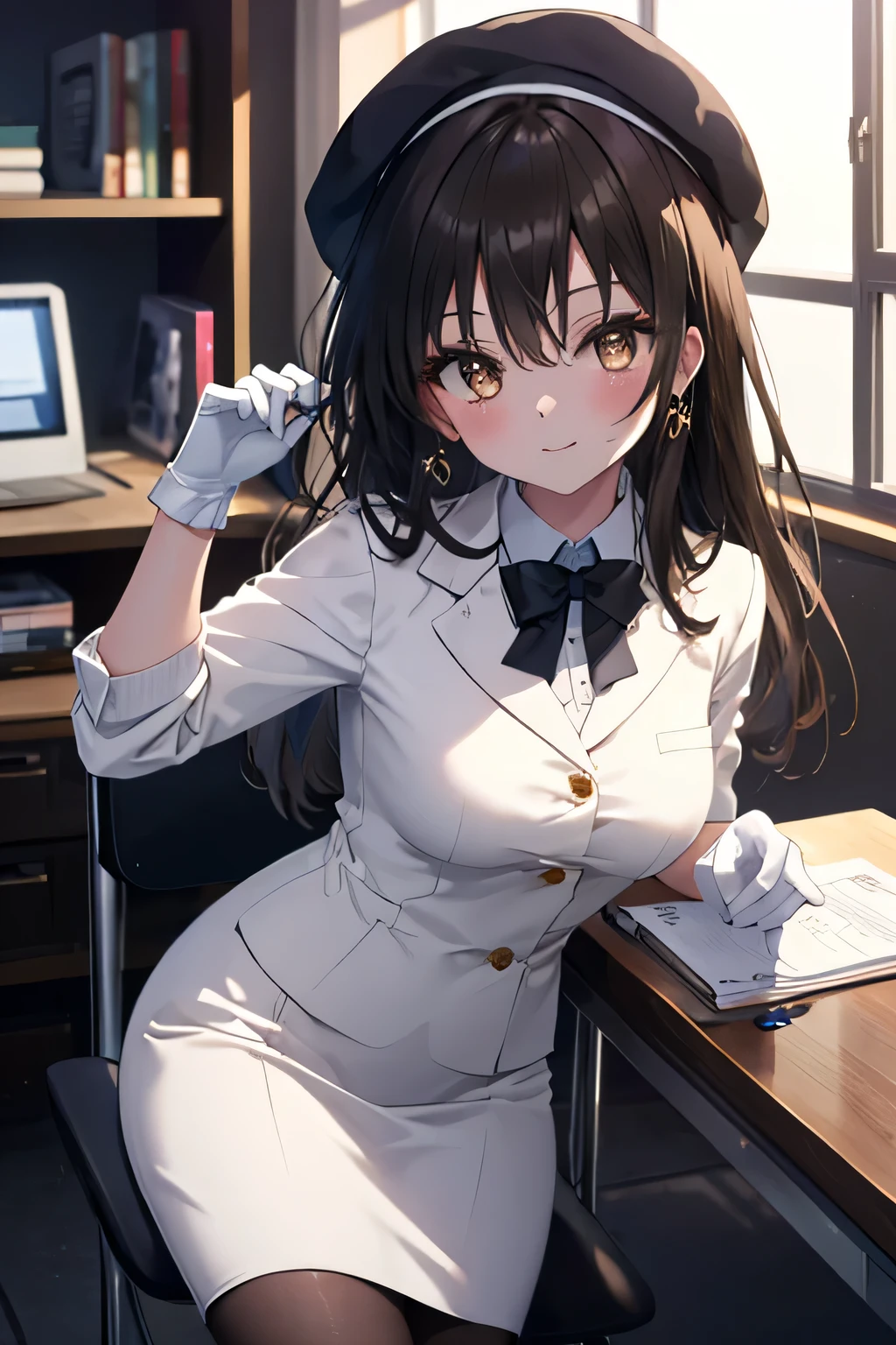 kotegawayui, Yui Kotegawa, black hair, (brown eyes:1.5), smile,blush,collect,long hair, OL, Gafas Black Abyss, Black Beret, white gloves, end, Black suit jacket, jacket with collar, White Dress Shirt, black pantyhose, Shirt with collar, neckline, button, correa, ID card on the neck, black pencil skirt, smile, blush, looking at the viewer, Charm, mechanic,on your computer,Sitting on a chair, interior,Pausa de toque ciego looking at the viewer, BREAK indoors, office, BREAK (masterpiece:1.2), highest quality, high resolution, unit 8k wallpaper, (cipher:0.8), (Detailed and beautiful eyes.:1.6), Very detailed face, perfect lighting, Very detailed CG, (perfect hands, perfect anatomy),