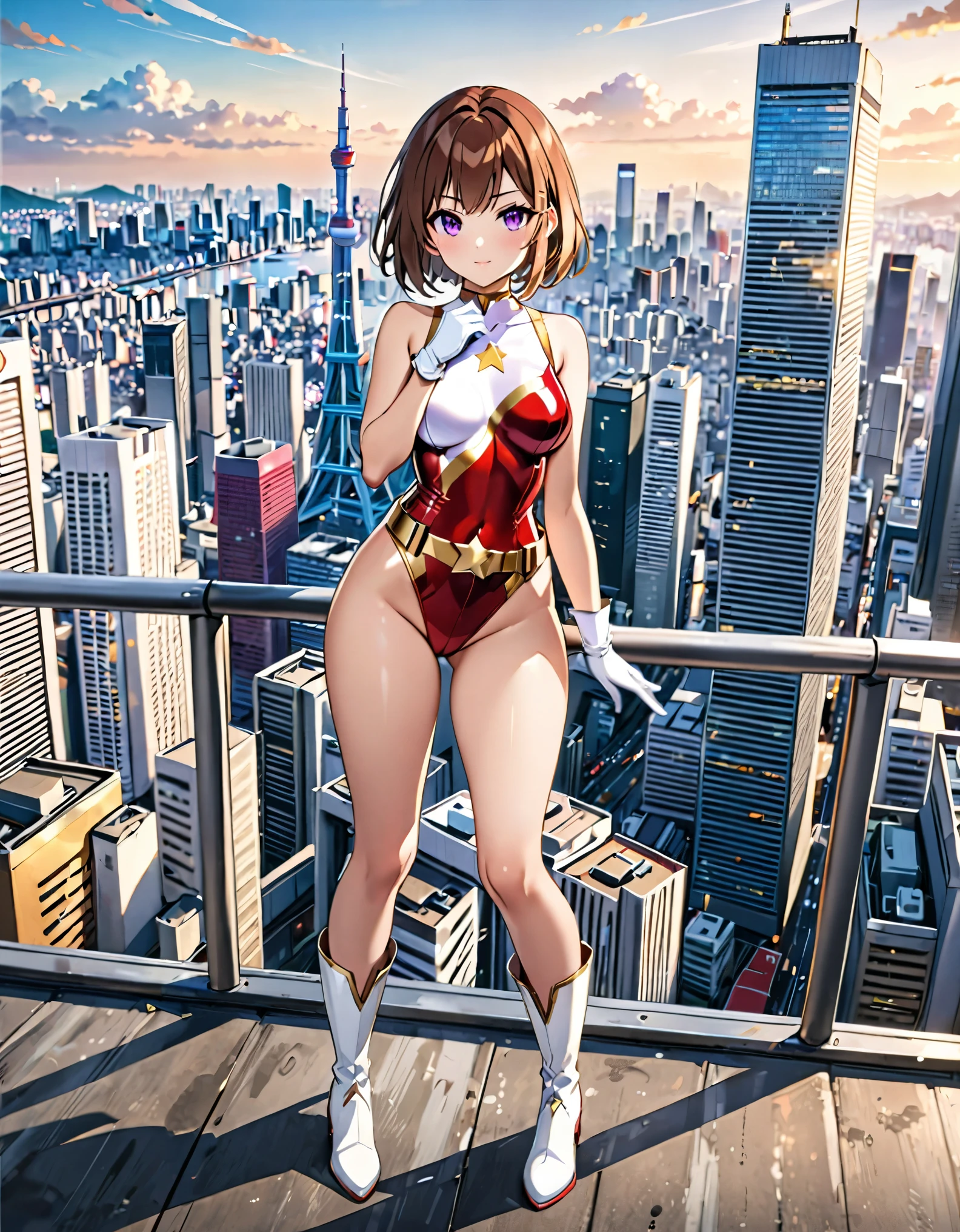 (masterpiece:1.2, best quality, high res, 4k, 8k), 1girl, adult, medium breasts, finger proportions coordination, cute and attractive woman, (two-tone leotard;1.2, white leotard, (red leotard), sleeveless, bare legs)), ((tight belt:1.2, gold belt:1.2)), ((boots, matching boots, ankle-high boots, white boots)), ((gloves, white gloves)), city backdrop, Tokyo city backdrop, solo, solo focus, standing, (full body), cowboy shot, superhero, ((beautiful detailed eyes)), double eyelids, ((gold star symbol on chest)), (brown hair, medium hair, bob hair, purple eyes), (perfect hands, perfect anatomy), full body costume design. fix hands.