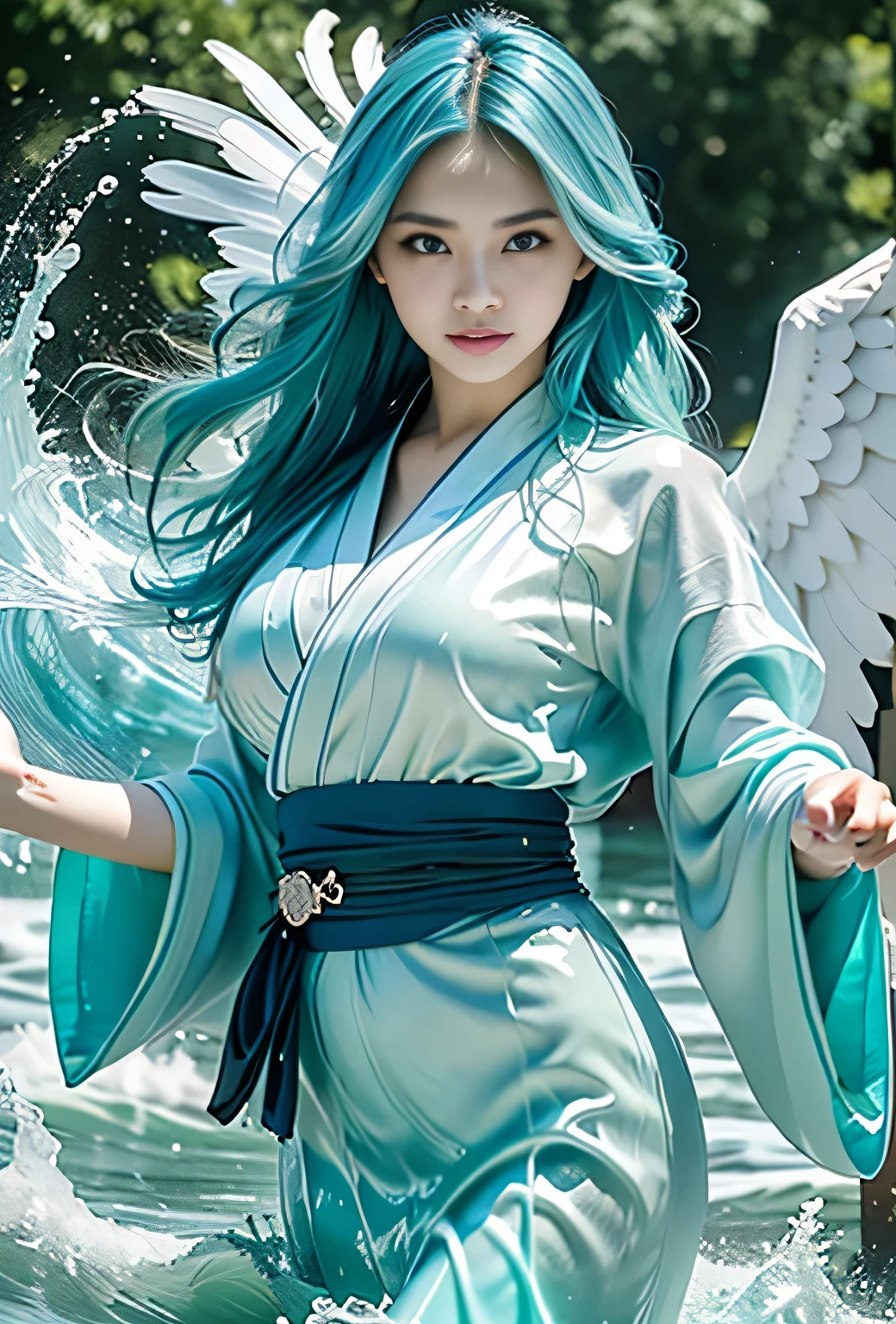 (masterpiece, best quality, UHD:1.4), (RAW Photo, 16k, photo realistic:1.3), detailed skin, detailed face, detailed eyes, detailed fingers, BREAK beautiful Japanese girl, 20 yo, (light blue hair, mint green hair, wavy long hair), (glowing blue eyes:1.3), fair skin, large breasts, (with angel wings:1.2), (clear vinyl kimono:1.3), aqua blue clothes, from front, cowboy shot, BREAK walking, (in the water), (water wave:1.3), yushui