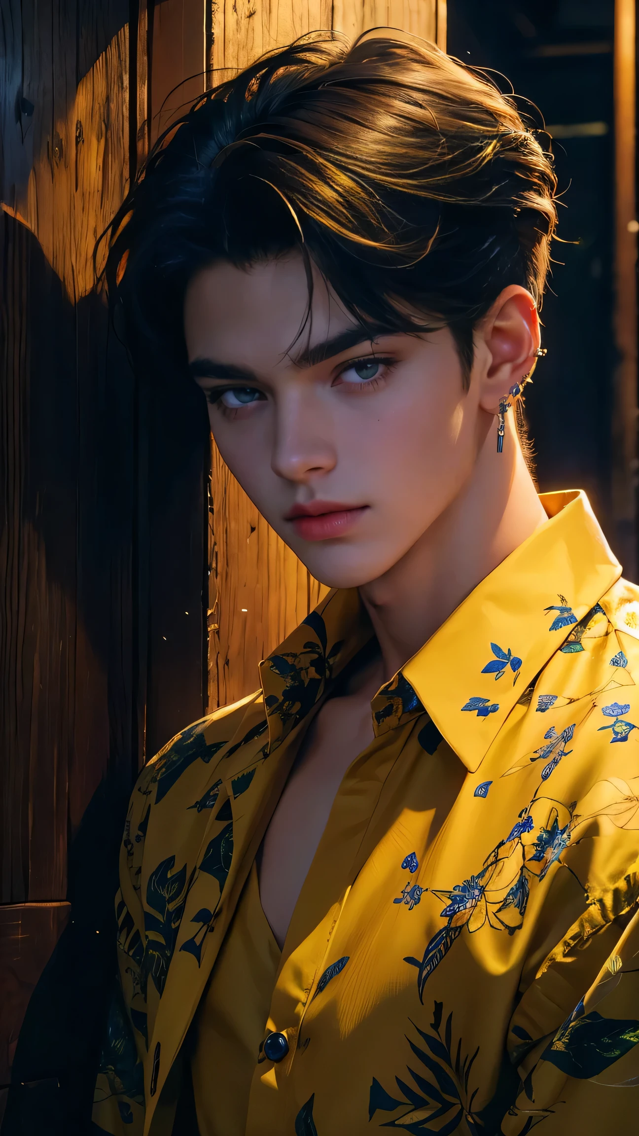 lovely, handsome 18 year old cute, tender and beautiful boy gay image for print most beautiful boy, extremely beautiful, most handsome, highly details, wearing sharp yellow floral glowing shirt shar blue eye half shot, wearing jewlerys, ear rings chai, half portrait most handsome boy, extremely detailed eye,