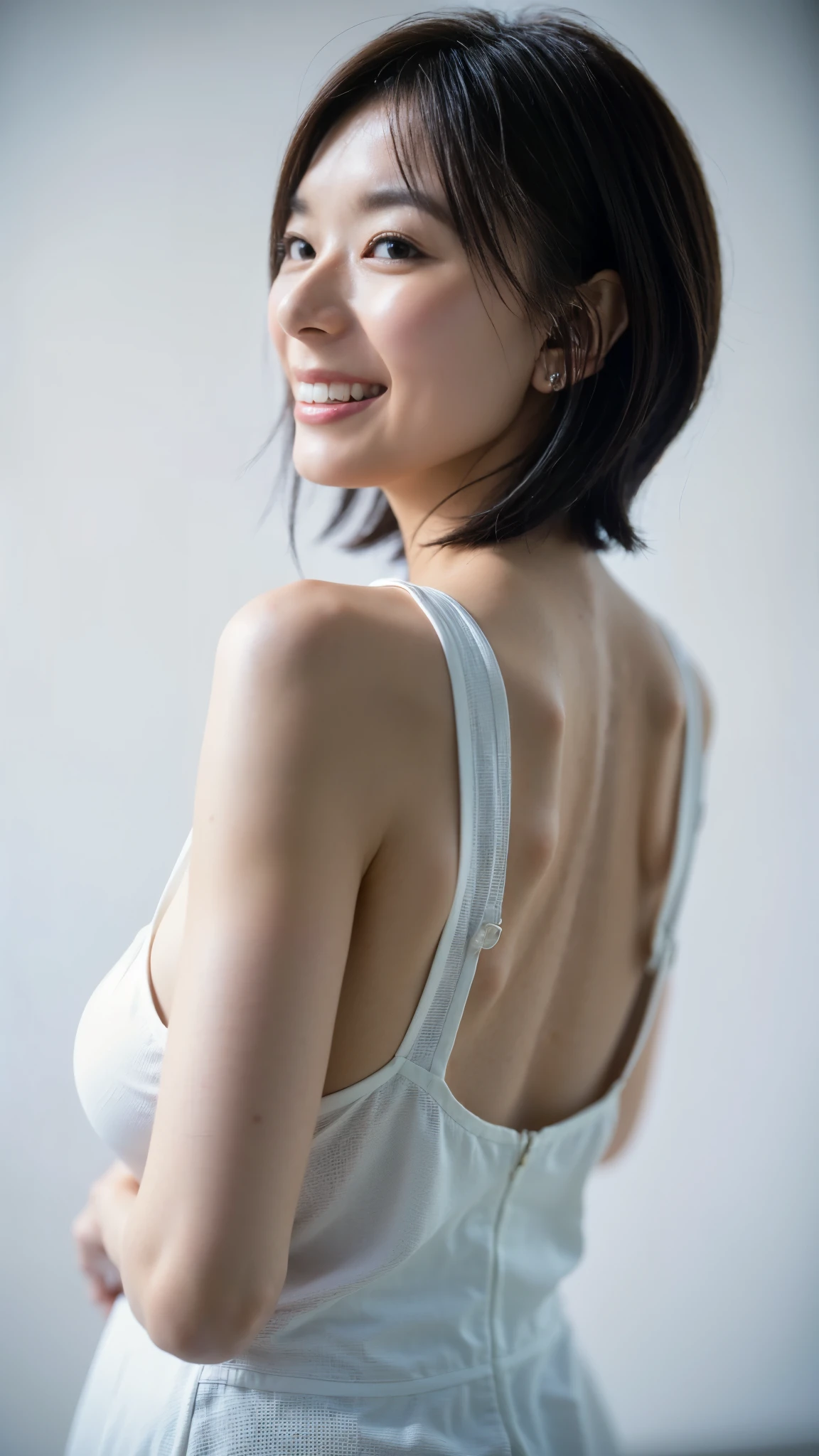 Best Quality,masterpiece,Ultra-high resolution,High-definition RAW color photos,Professional photos,Natural skin texture,Fine skin, hyperrealism, Japanese Woman ,Short black hair,(arms behind back,smile,white braless tank top,face focus,Close-up of face,gigantic breast,Big Breasts)