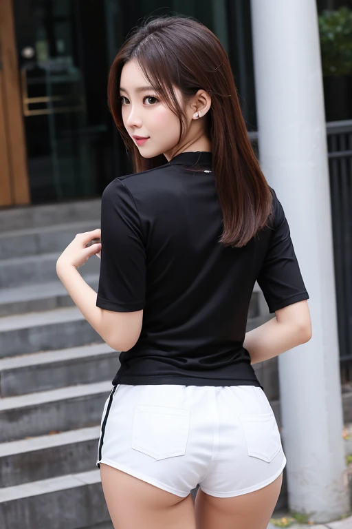 masterpiece, masterpiece, best quality, best quality, real, unity, 8k wallpaper, official art, highly detailed cg unity 8k wallpaper, ulzzang-6500, one girl, cute, professional lighting, ((long black spandex shorts: 1.37)), long hair, disheveled hair, (original: 1.2), (real: 1.4), ultra detailed, high resolution, ultra detailed, fantastic, Fine details, cinematic lighting, simple costumes, detailed clothing textures, (8k, RAW photos, highest quality, masterpiece: 1.27), (realistic, photorealistic: 1.37), physically based rendering, handsome, masterpiece, highest quality, high resolution,
