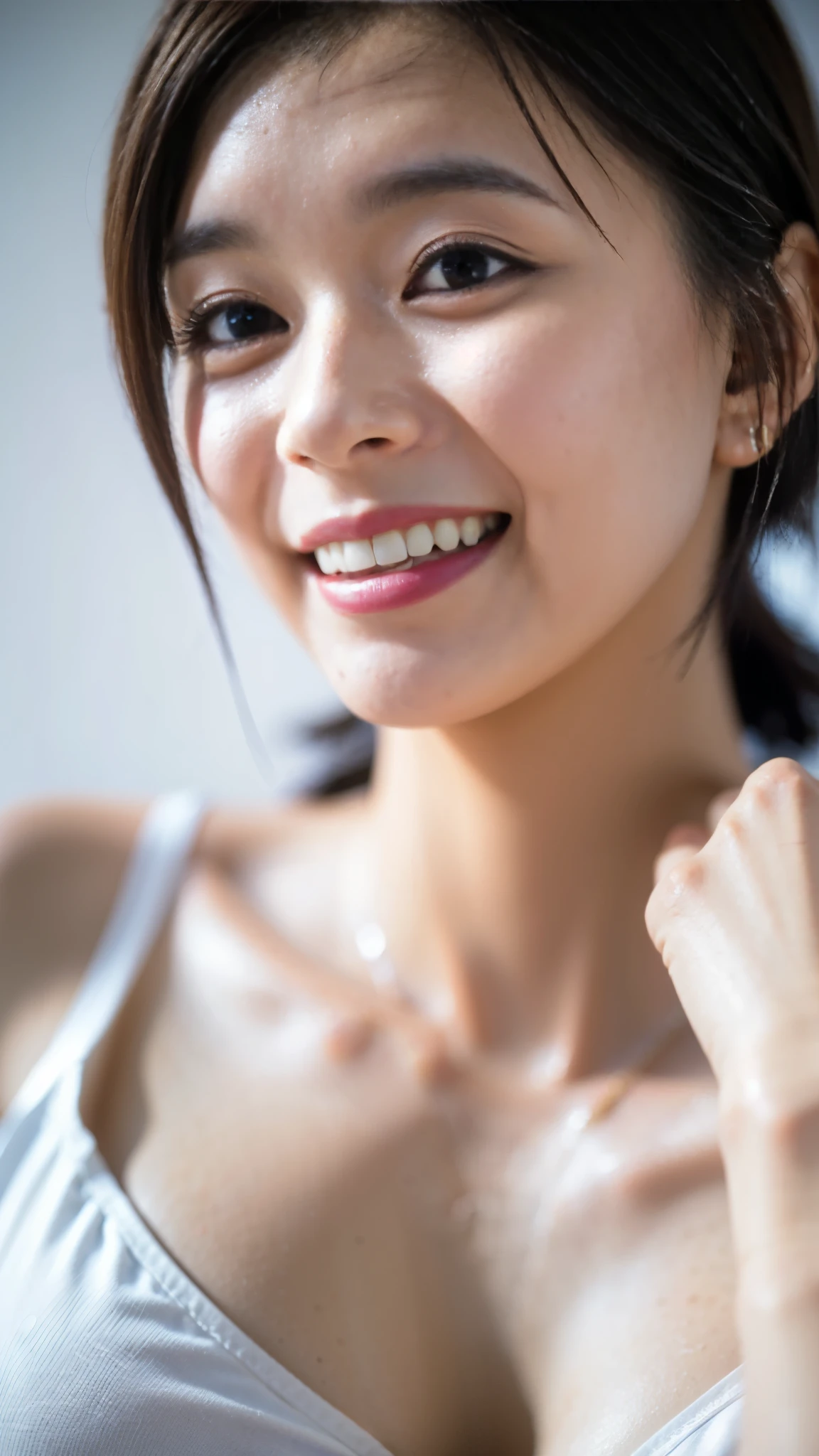 Best Quality,masterpiece,Ultra-high resolution,High-definition RAW color photos,Professional photos,Natural skin texture,Fine skin, hyperrealism, Japanese Woman , black hair short cut hair,(arms behind back,smile,No bra,white silk tank top,face focus,Close-up of face,gigantic breast,Big Breasts)