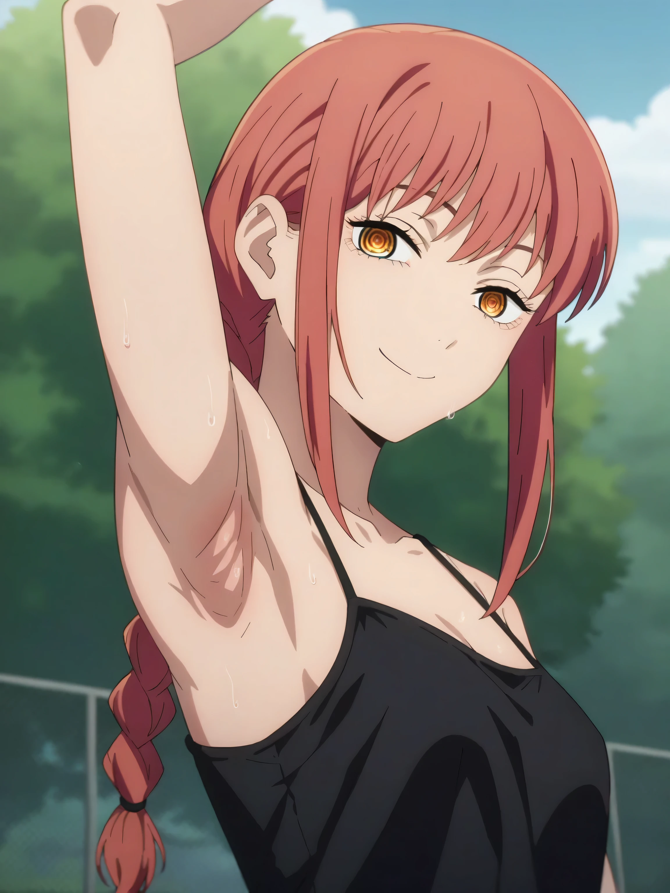 score_9, score_8_up, score_7_up, source_anime, anime screencap, BREAK, 1girl, solo, outdoors, day, park, mak1ma0, red hair, ringed eyes, black camisole, spaghetti straps, looking at viewer, head towards viewer, arm up, raised arm, armpit, smile, closed mouth, long hair, from side, from below, sweaty, braided ponytail 