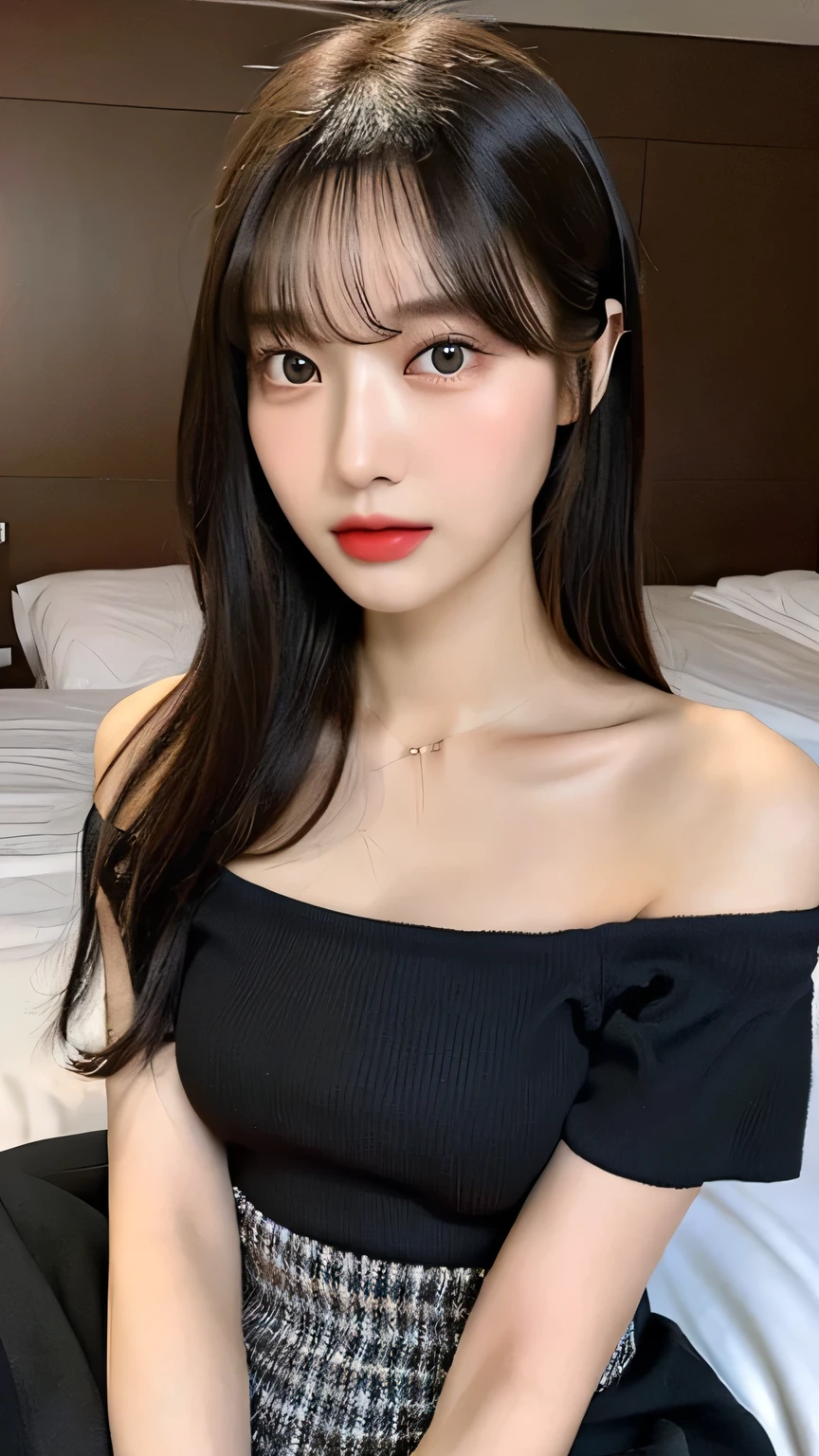 Masterpiece,best quality,high quality,detailed,ultra detailed.4K/8k,Full-HD,high resolution、1girl,Japanese in their 20s、 medium long hair、Black Hair、Slender body、 eye color is dark brown、black Off-shoulder top,Tight skirt、indoor、Sitting on the bed、