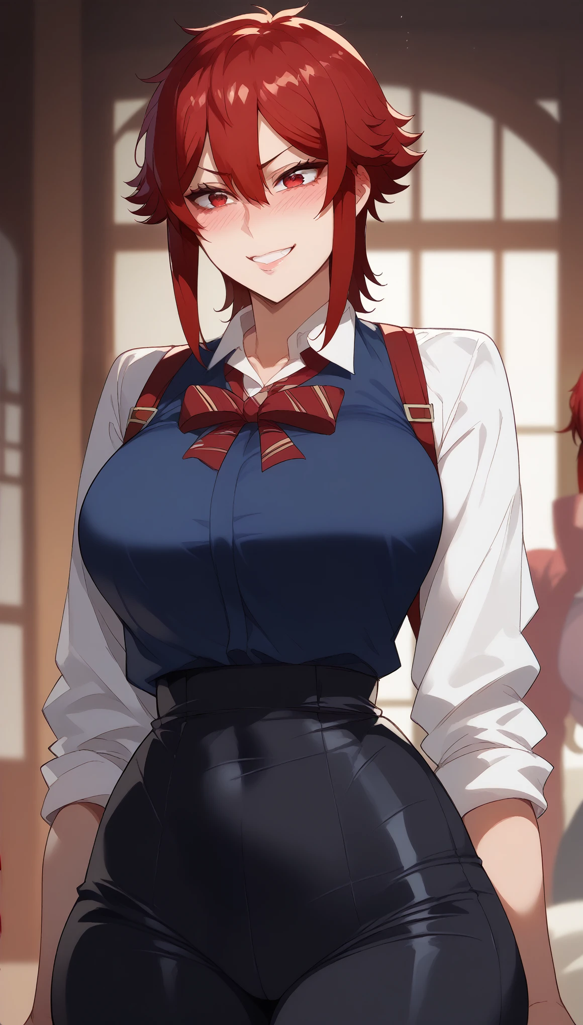 red hair、 long straight hair、red eyes、Tomo-chan Is a Girl!、Tomo Aizawa 、mature woman、shiny hair、(big breasts),tight waist、thin waist、shiny skin、Beleza、erotic、smile、blushed,