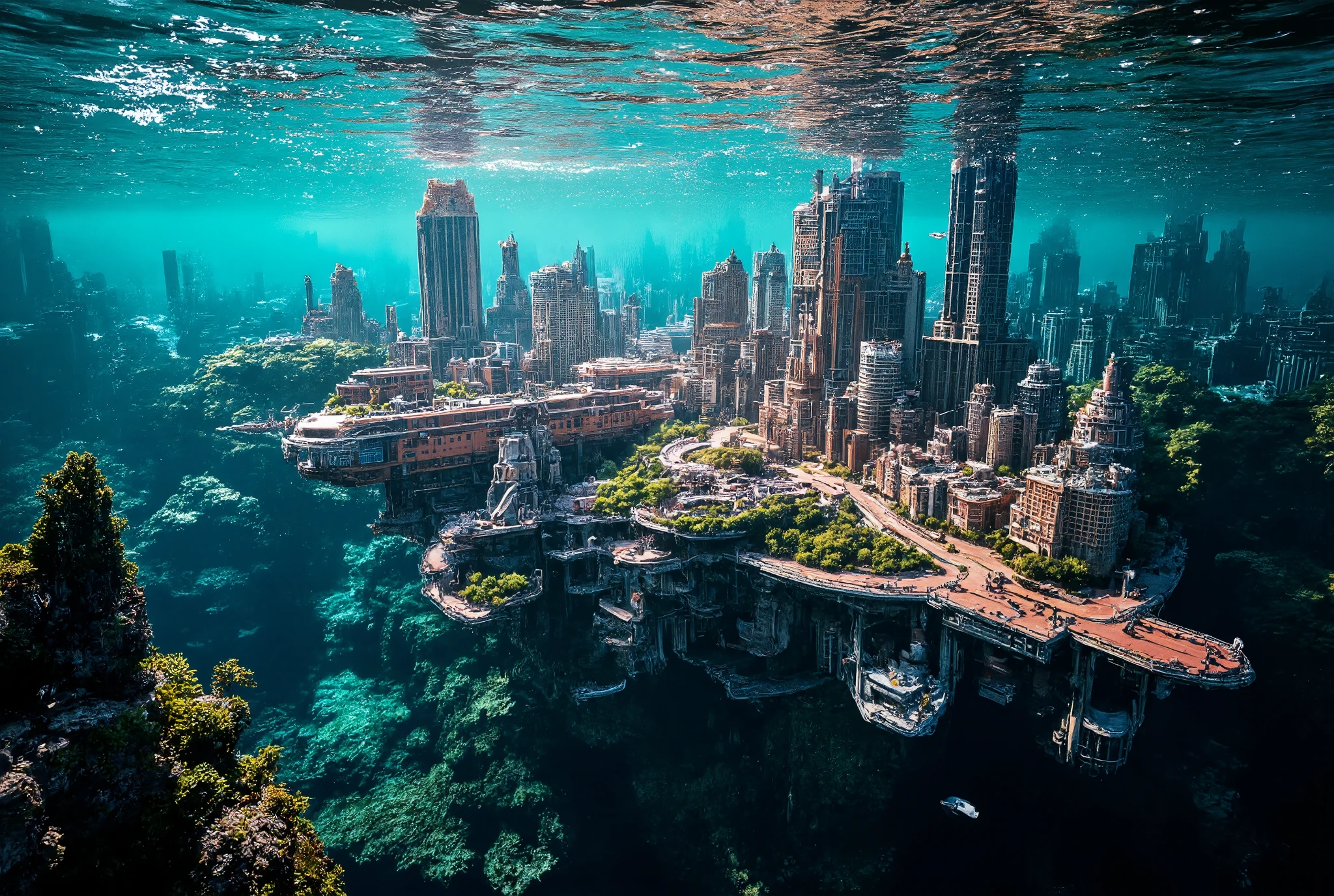 A high modern miniature underwater city, An optical zoom on a small underwater Metropolis showing a modern living miniature city in the year 2500, Cyberpunk, Kinetic Art, Ambient Lighting, Edge Lighting, Emerald Color, Mauve Color, Onyx Color, Science Fiction, Bronze, Liquid Crystal, Telephoto Lens, Futuristic Cityscape Backdrop, Unreal Engine, 8k,
