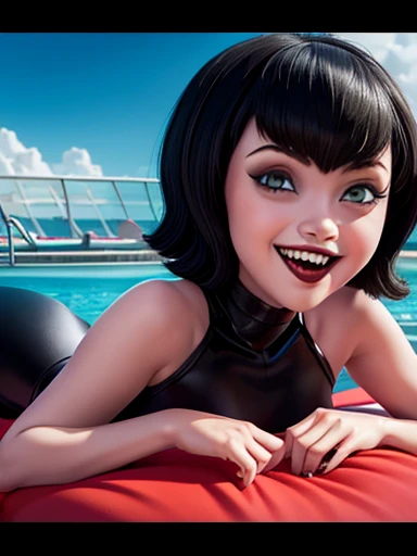 A pretty woman, clear skin, blue eyes, black lipstick, short black straight hair, black bikini. He is in the sea swimming on top of a wave in the water. Es resto de su cuerpo se ve bajo el agua