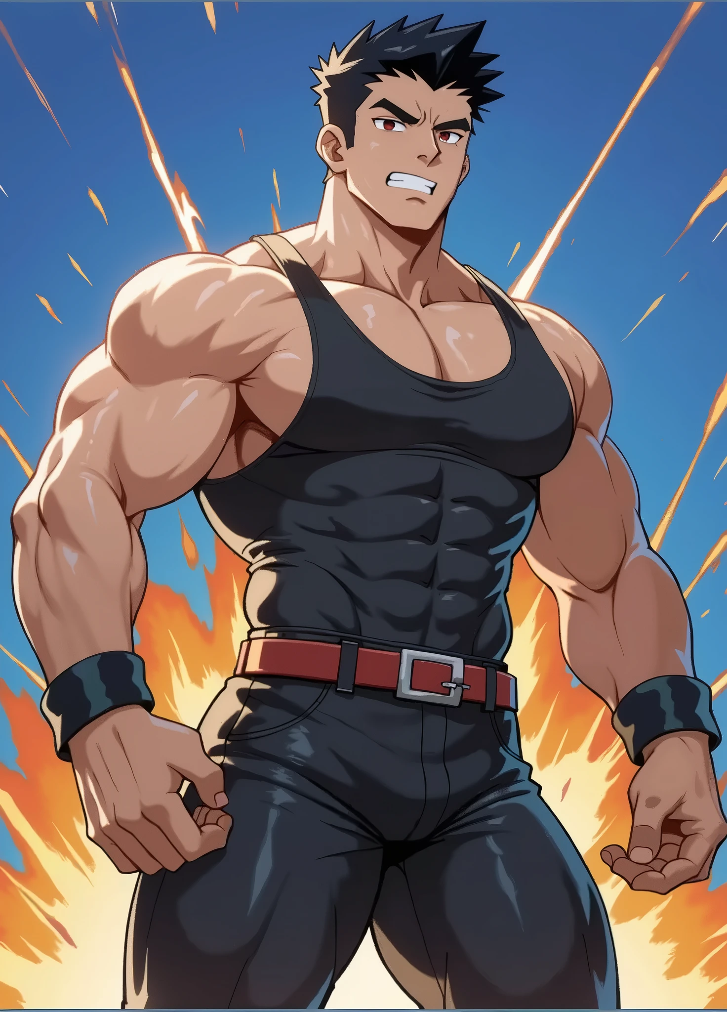 score_9, score_8_up, score_7_up, source_anime, rating_safe, score_6_up, score_5_up, score_4_up, BREAK 1man, naughty heroic guy in fighting game, great muscular, crewcut, solid thug, gallant yankee, blond hair, brown eyes, BREAK sharp eyes, thick abs, sanpaku, abs, BREAK backwards hat, blue cap, open shirt, cropped shirt, red collared shirt, sleeveless shirt, brown plaid shirt, jeans, red wristbands, BREAK >:>, smug, cool emotion, toned body, BREAK solo, upperlegs, dynamic expression, game keyvisual, 1990s, in capcom art style, in nitroplus style, BREAK depth of field, dutch angle, cinematic shadows, cinematic lighting, lens flare, light leaks, texture, absurdres absolutely resolution, extreme all detailed, greatest painting, BREAK masterpiece, best quality