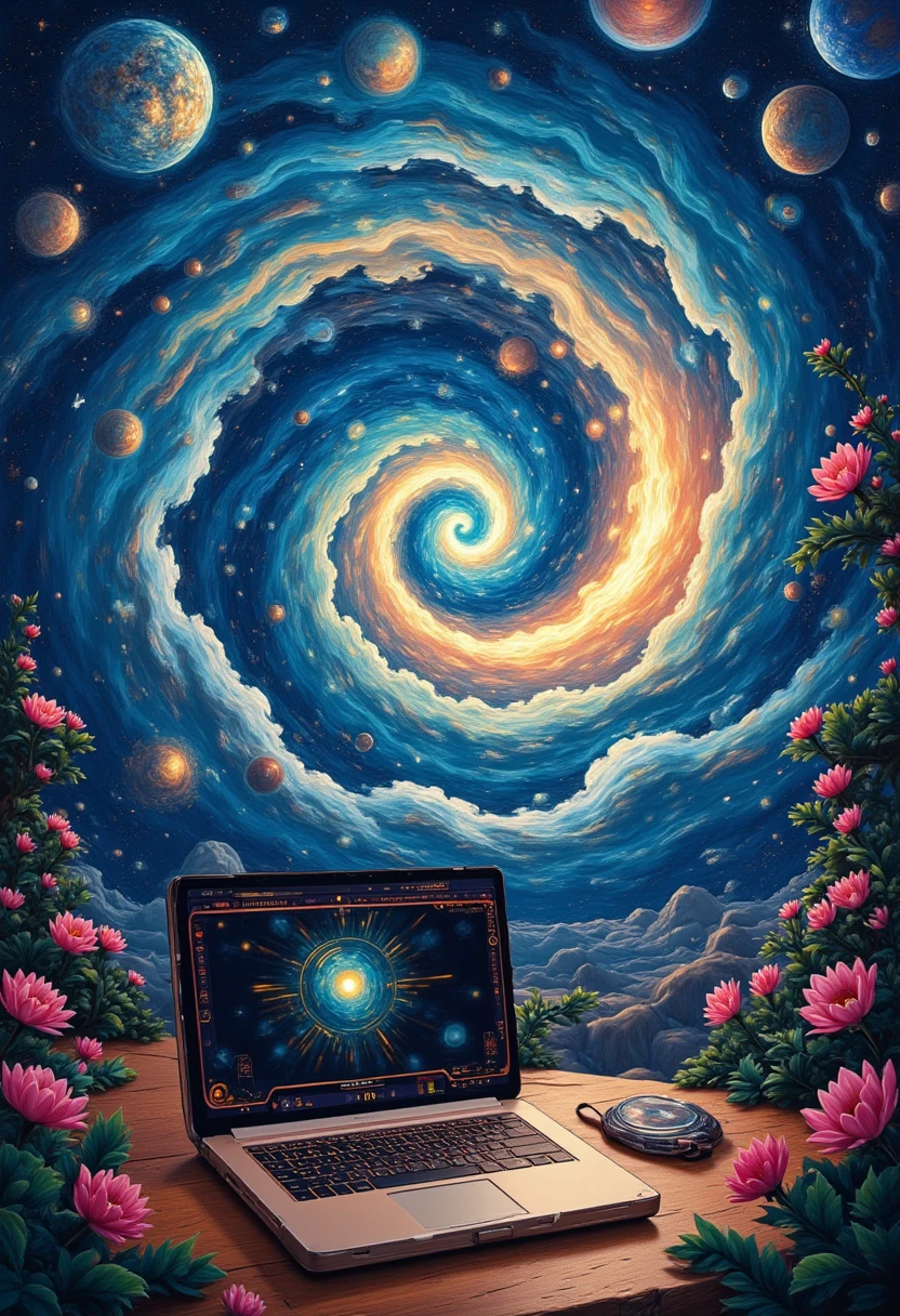 Laptop Computer, poster design, creative national style illustration, interstellar, smart notebook, time and space tunnel woven by data, bronze body, symphony of the universe, CGI special effects style, immersive visual feast, panorama, depth of field, master works, extreme detail, ultra high definition, 8k resolution,