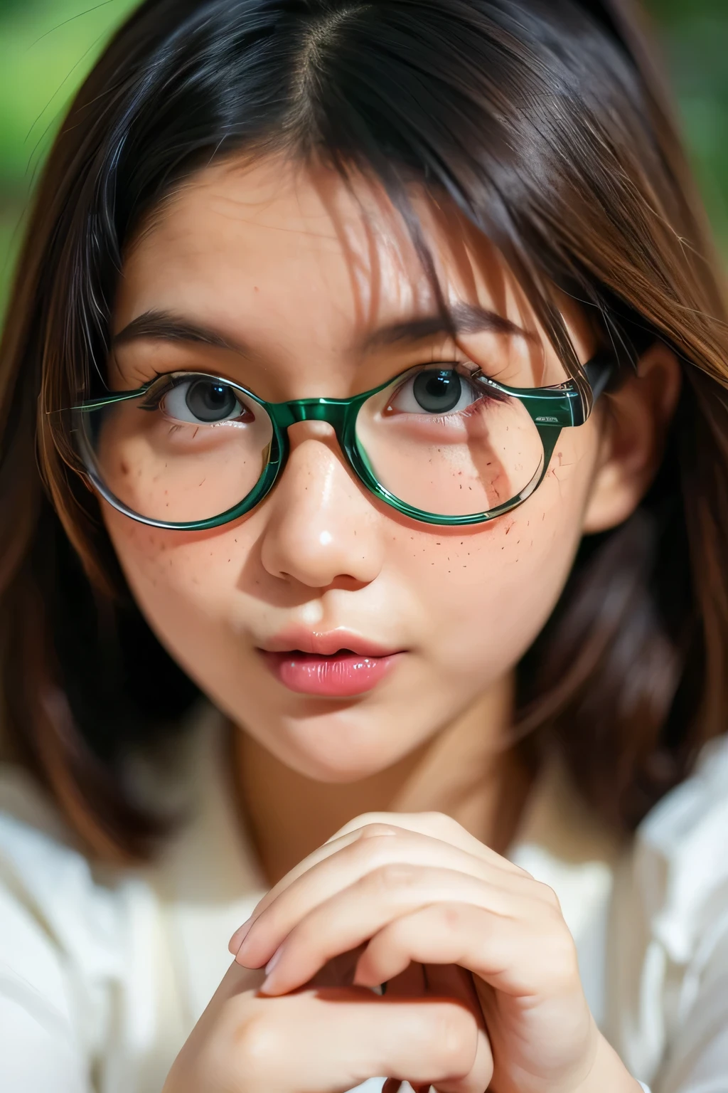 (masterpiece), (hyper-realistic), (detailed features), ((hyper realistic)) score_9, score_8_up nude mirror selfie Bedroom (exceptionally beautiful, proportional body, 27 years old, chinese woman, fine lines, dark brown hair, pigtails, very beautiful detailed eyes, very detailed skin) ((realistic skin, freckles, fine lines, intimate, sunburn, realistic skin texture)) (((large breasts, small areola, small nipples, acne, tan lines, subsurface scattering on skin, visible pores on face, eyes with subsurface scattering in sclera, soft shadows around eyelids, ambient occlusion near the outer corners of the eyes, realistic eyeball curvature with gloss highlights, detailed upper and lower eyelids wrapping around the eyeball, accentuated eye orbits casting soft shadows, detailed upper and lower eyelids wrapping around the eyeball, realistic eyeball set deep in the orbit))) (sexually aroused expression) (film grain, short depth of field, candid, cowboy shot, shot on DSLR camera, f/4.5, full body shot) (((full body shot))) ((low light, deep shadows)) ((showing off)) (((sexually frustrated))) (((revealing dark green lingerie))) (((nerdy thick spectacles))), bautiful face, tyndall effect, photorealistic, 8k uhd, dslr, high quality, volumetric lighting, candid, Photograph, high resolution, 4k, 8k, Bokeh, (hyper-realistic girl), (illustration), (high resolution), (extremely detailed), (best illustration), (beautiful detailed eyes), (best quality), (ultra-detailed), (masterpiece), (wallpaper), (photorealistic), (natural light), (rim lighting), (detailed face), (high detailed realistic skin face texture), (anatomically correct), (perfect hands), ((correct fingers)), (heterochromic eyes), (detailed eyes), (sparkling eyes), (dynamic pose), (loose hair:1.35), looking to viewers,Extremely Realistic, looking to viewers,Detailedface,Girl,Chitz,Beautiful,Asian,Extremely Realistic,
