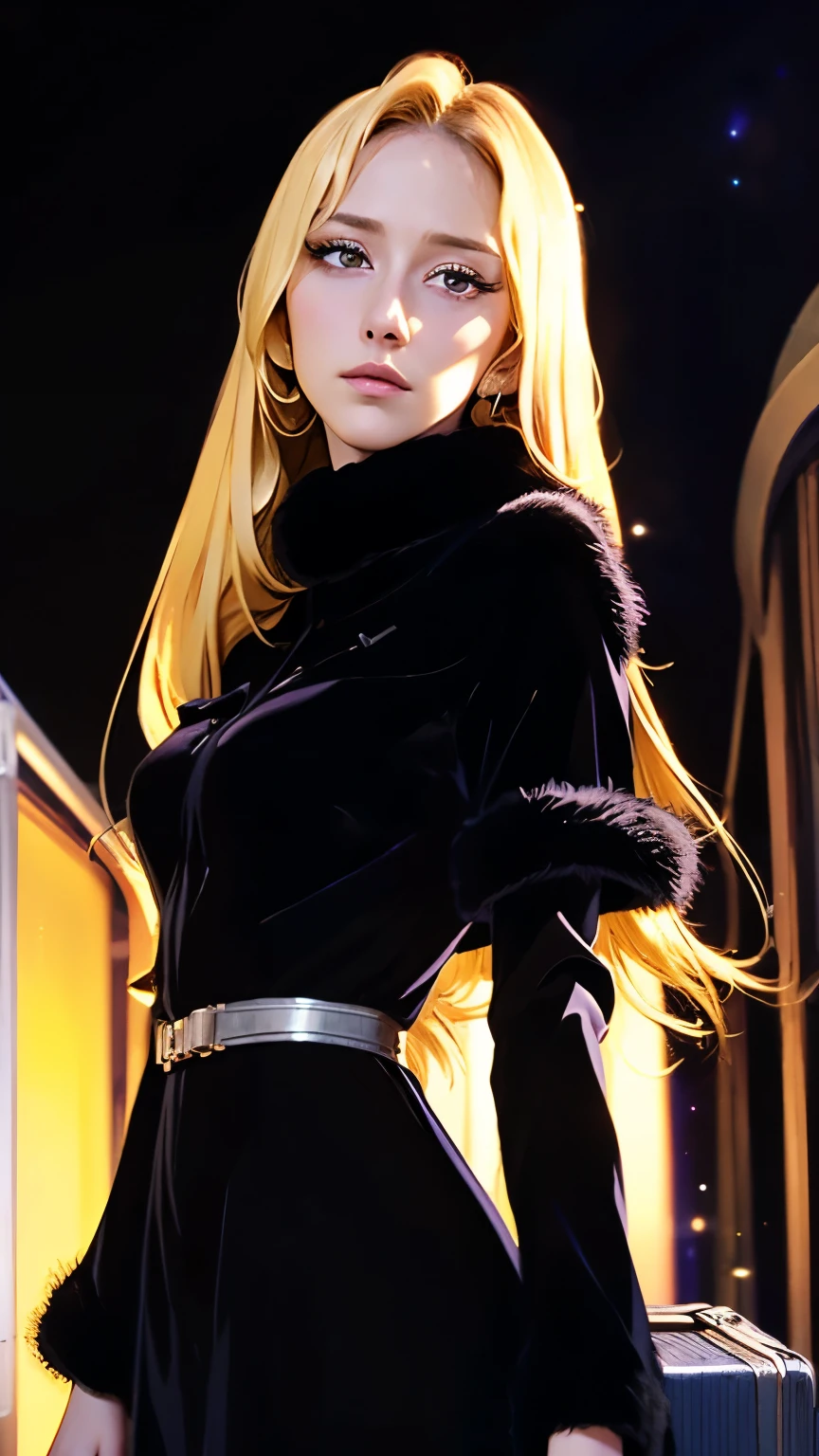 Maetel (Anime: Galaxy Express 999), a woman who secretly operates in the galaxy, long eyelashes, long golden hair, beautiful mature woman, black fur long coat, aloof face, holding a silver suitcase, cinematic light, side light, sharp focus, beautiful details, detailed and delicate, detailed texture, realistic facial expression, realistic and colorful, delicate,