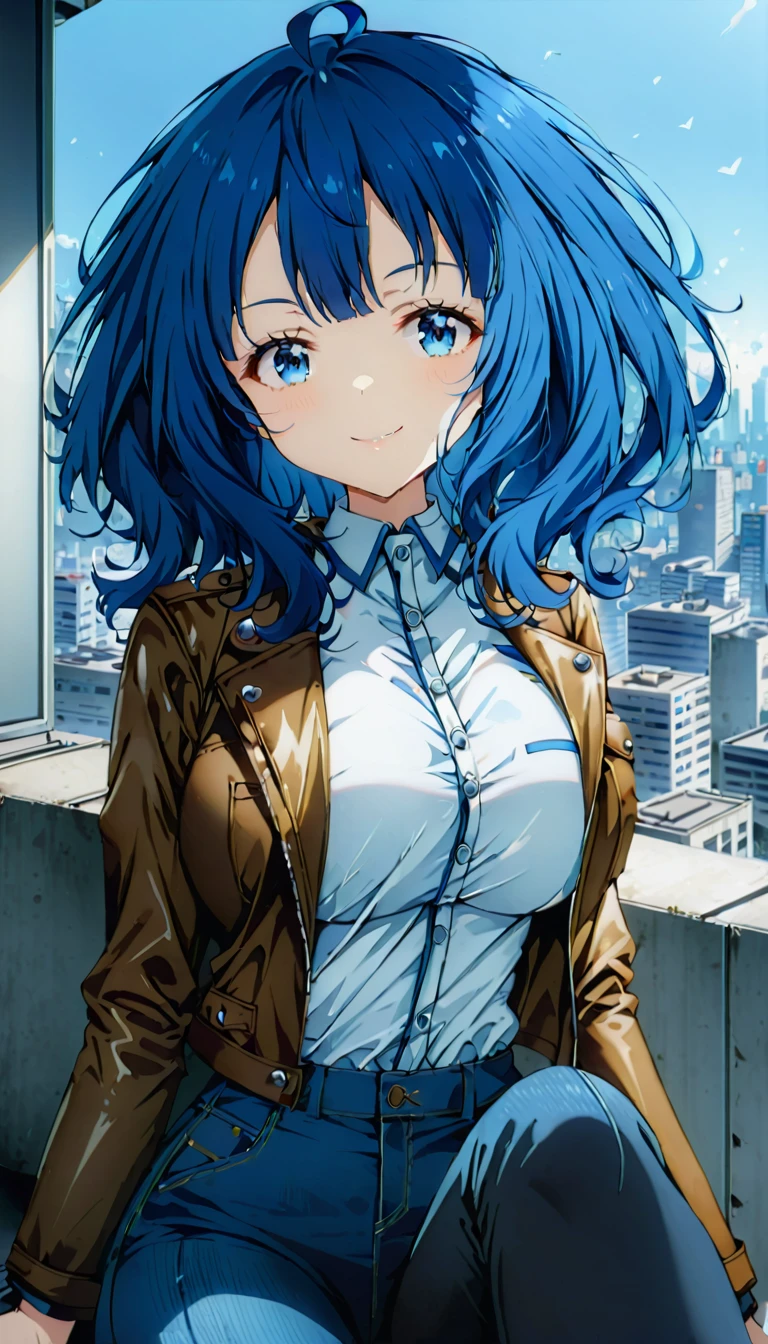 Score_9, Score_8_up, Score_7_up, source_anime, annayanami, annayanami, medium hair, blue eyes, ahoge, blue hair, large breasts, rider jacket, leather jacket, open jacket, pocket, lapel, denim pants tight pants, cool smirk, sitting, morning, city, wind, from front, a bolt out of the blue, look at viewer, solo