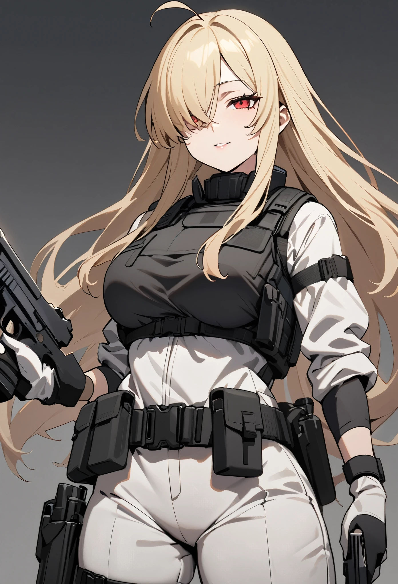 (high-quality, breathtaking),(expressive eyes, perfect face) 1girl, female, solo, mature, half open eyes, Alicization, Symmetrical Eyes, simple background, seductive smile, long hair, SAO inspired, maomao, armor, cowboy shot, medium full shot, light blonde hair, bangs, alluring red eyes, large breasts, hair between eyes, fluffy hair, half open eyes, hair over one eye, small Ahoge, pale blonde hair color, bright red eye color, straight hair, (NO braids in hair), belt, Gun Gale Online, white cargo pants, bulletproof vest, gun holsters, military, light pink combat gloves, pistol, (white modern military combat suit), dark grey tactical vest, tech wear, security equipment, cyberpunk