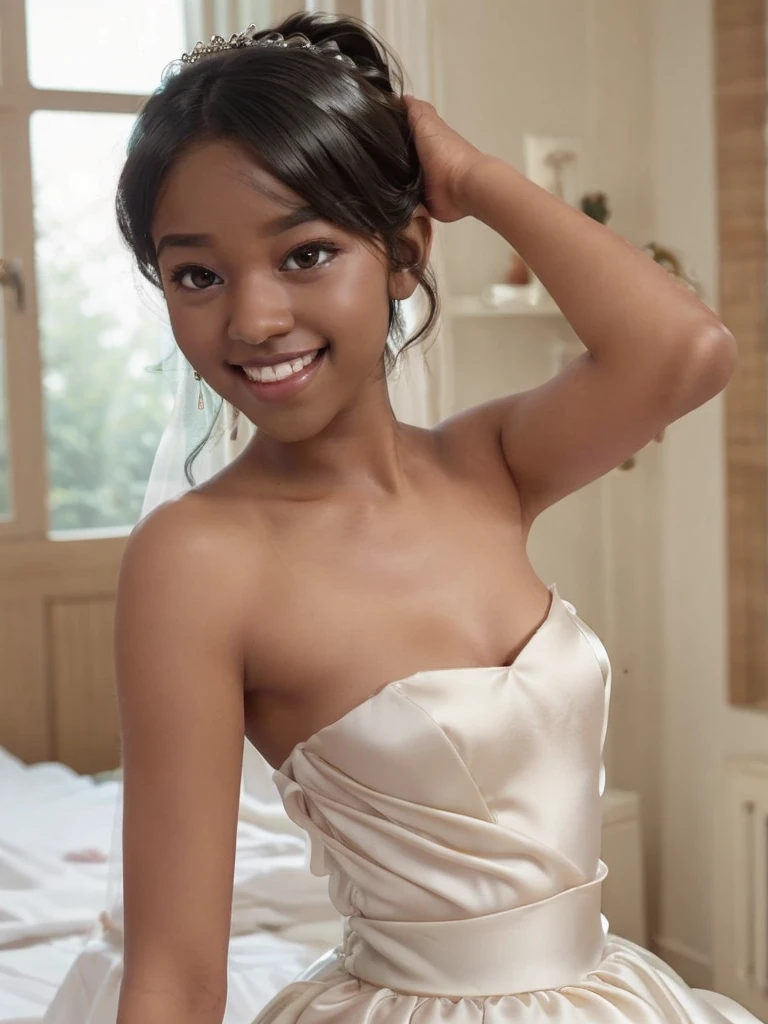 A Indian girl, black ponytail, (black skin:1.4), BREAK, baby face, standing, (satin princess dress, white wedding dress:1.4), BREAK, (wedd00ing:1.2), (tiny tits, tt_flat), ((shooting from side)), armpit, smiling,+ bedroom, 