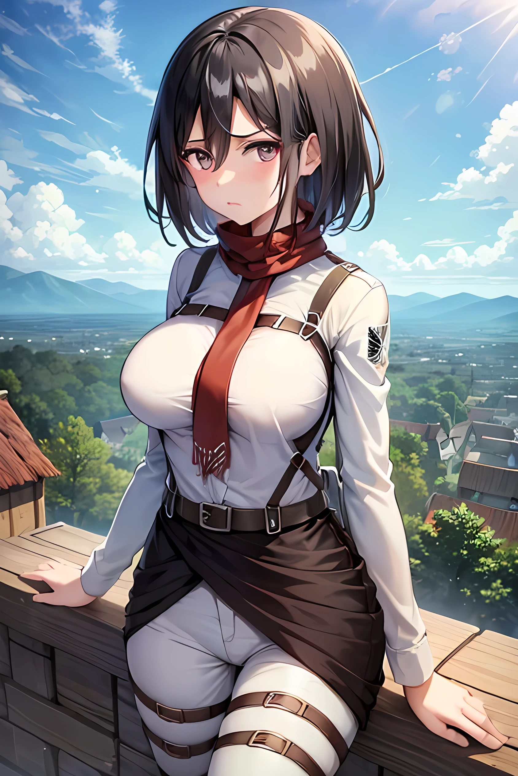 ((best quality)), ((masterpiece)), (detailed), perfect face A girl with green eyes and nervous eyes, I know war with a bow and arrow in her hand, white skin and short hair, a boy model in green clothes, who is only holding back the girl, her clothes are torn on the battlefield, and one of the nipples is visible. And the goblins want to rape him