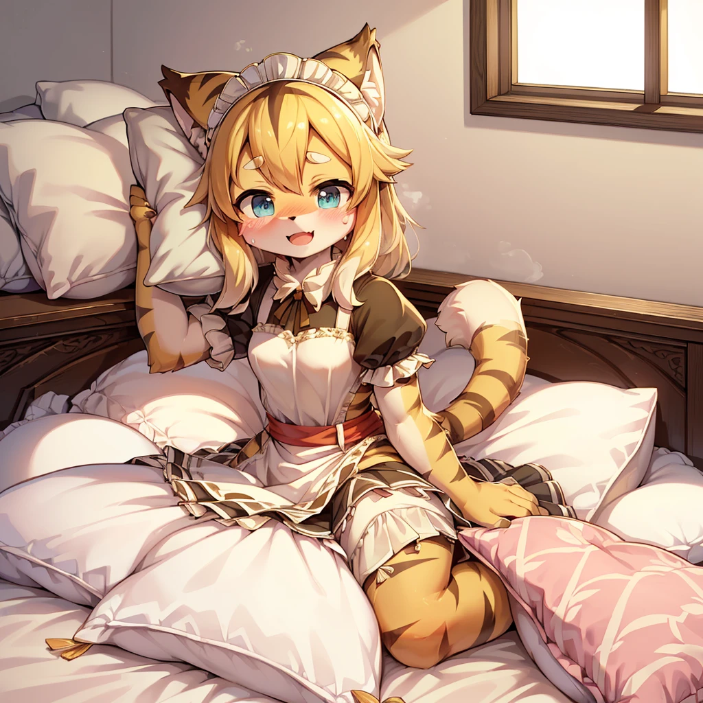 （masterpiece，best quality），mine, The Beast, , (Light and shadow suitable for any Pillow background））, 穿着Maid costume的可爱女孩在Pillow上摆姿势,，Maid costume，nature,, (blush),a smile，Pillow,（Lots of Pillow），Soft cushion，（canopy bed），（Pillow），Lots of Pillow，（Friction in the crotch），（（PillowCamel）），（A tail），（Around the protagonist），steam，（Pillow），（LuxuryPillow），（Palace Pillow Pattern Pillow），（palace），（Palace bedroom），（Gorgeous Pattern Pillow），Soft Pillow，，（Classical European style bedroom ），（excited，shy person，Lack of expressiveness，），pillow hump,，(Deluxe Rococo Canopy King Bed),Luxurious curtains with ornate ruffles and ribbons hang around the large bed.,((((The bed is piled with many Pillows)))),Quilt details,Detailed bed linen,Ruffled Bed Skirt,Deep Bed,Background with depth,((Pillow in detail)), ((((A Lot of Pillow))))，,，Detailed Soft Pillow,,((女孩正躺在许多Soft Pillow上,There are many Pillows around))，、、In a large canopy bed、Soft sheets and quilts、Colorful soft Pillow、Lots of Pillow、Soft toned bed、Ruffled curtains around the bed.。Delicate face，（Ornate pattern pillow），Soft pillow，，（Classical European style bedroom ），（Excited face，Opened mouth，Shy，），,MASTURBATING WITH PILLOW,，，my，tiger girl，，sweaty，，（more pillows)，，Blushing，Shy,,