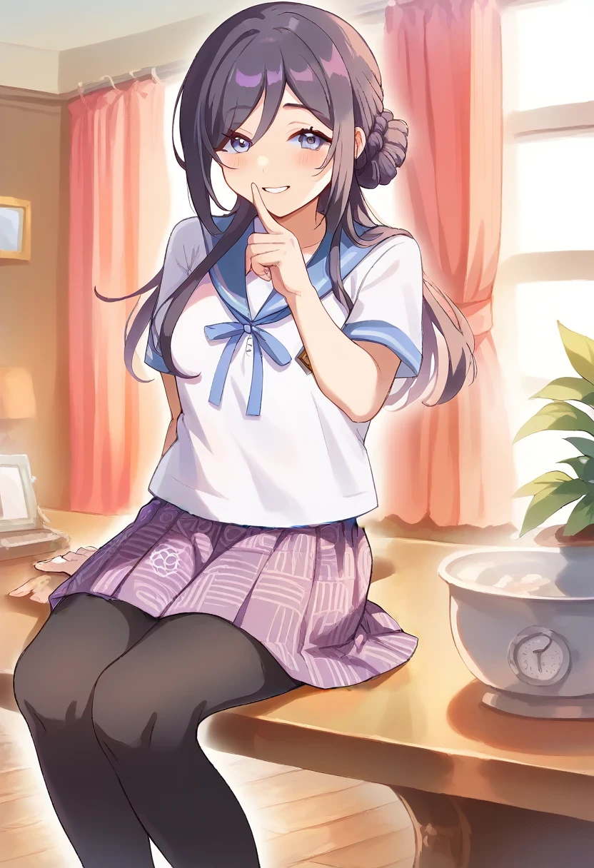 ((masterpiece, Side Lighting, finely detailed beautiful eyes: 1.2)), Super detailed, Ultra-high resolution, Professional Lighting, High quality makeup, beautiful detailed eyes, sexy, beautiful, Big eyes, Cowboy Shot, (Girl:1.3), hinatsuru ai, blue eyes, Black Hair, Brown Hair, Ridiculously long hair, Ahoge, Twin tails, Blue and white dress, Yellow ribbon, White Beret, smile, blush, wariza, Spread your legs,orgasm,blush, Sweat,White panties、Squat、Look at this、skirt