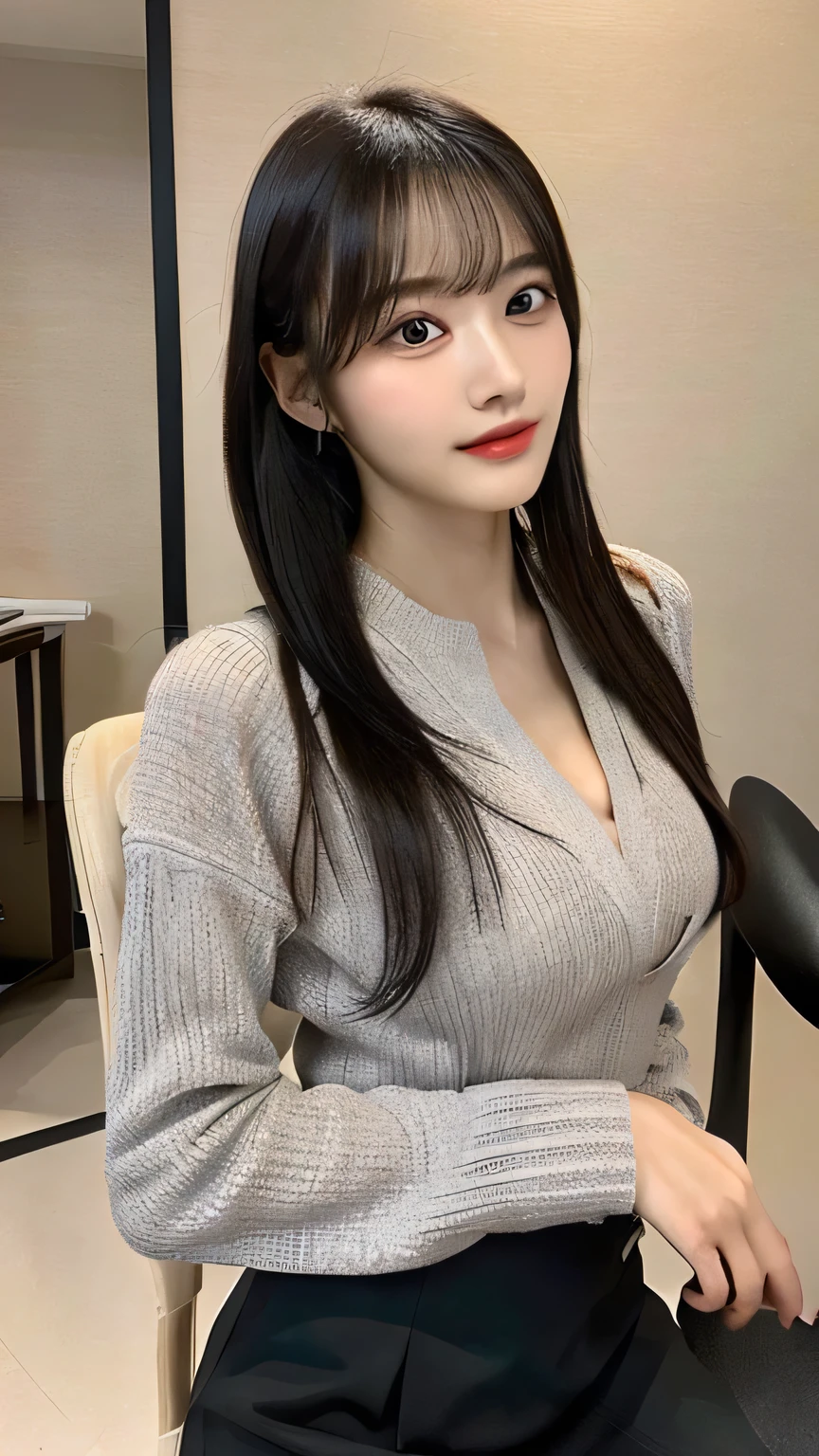 Masterpiece,best quality,high quality,detailed,ultra detailed.4K/8k,Full-HD,high resolution、1girl,Japanese in their 20s、 medium long hair、Black Hair、beautiful lashes、Natural Eyes、Slender body、Formal shirt、Draped skirt、indoor、While sitting on a chair